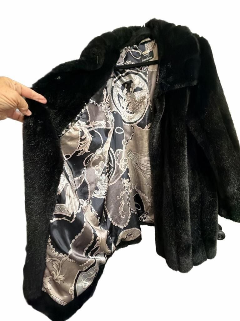 Dennis Basso Faux Fur Coat Size 2X Black Printed Lining 4