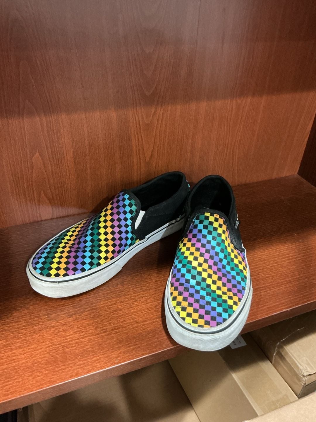 Vans Classic womens Slip-On Rainbow Checkerboard Sneakers. #68 2