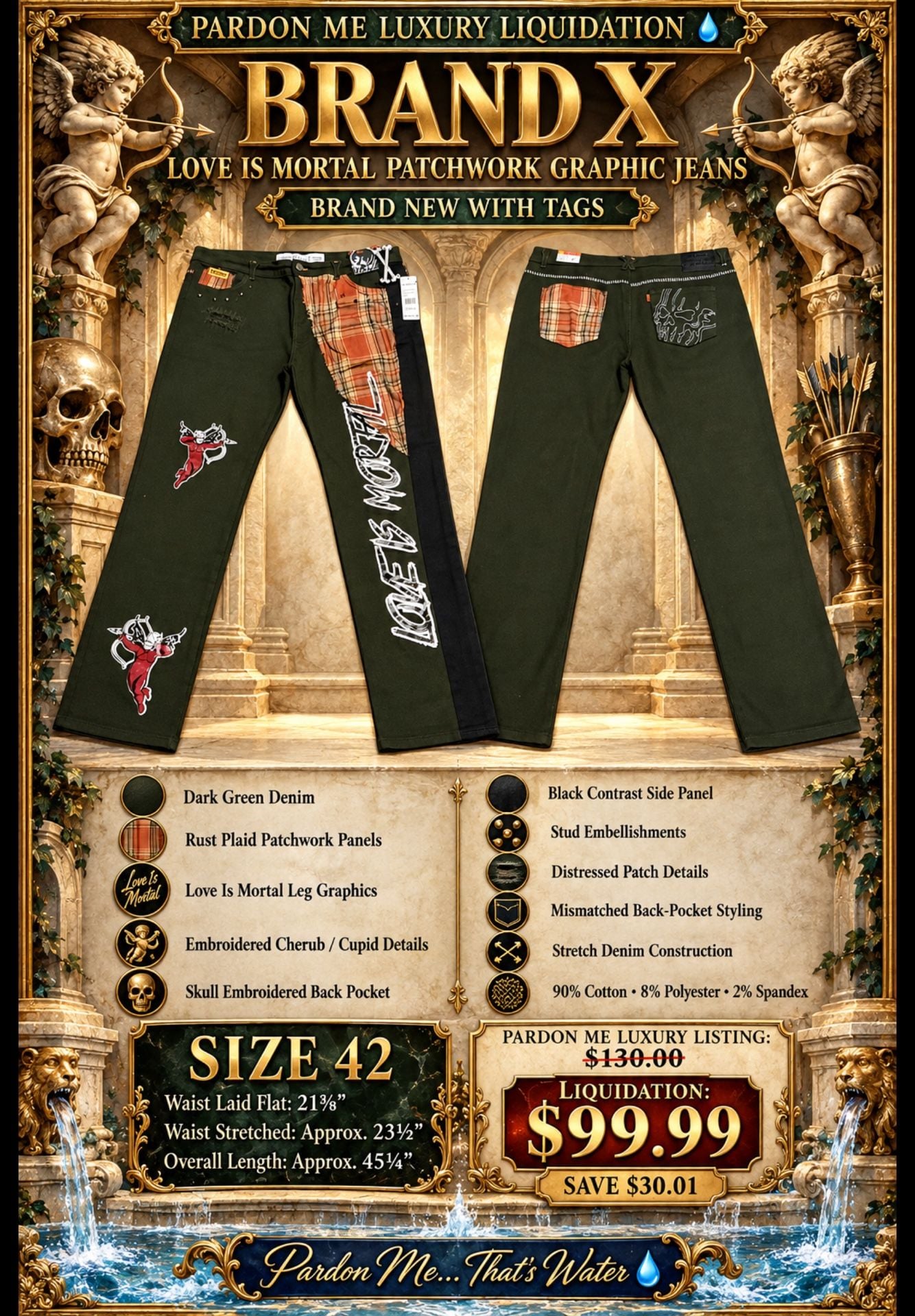 Brand X Love Is Mortal Dark Green Plaid Patchwork Jeans 2