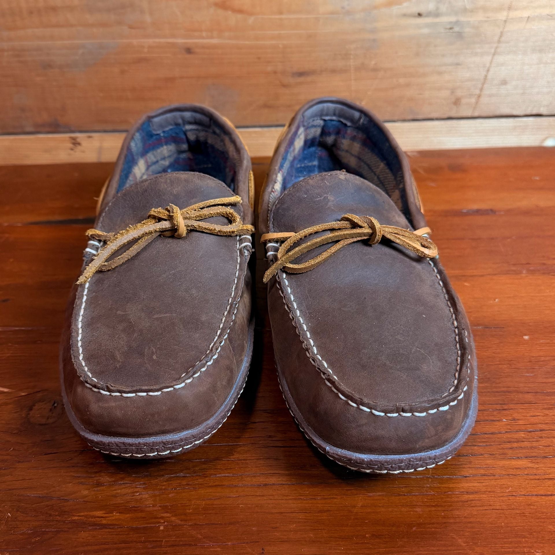 L.L.Bean Handsewn Flannel-Lined Leather Slippers Size 12 Medium Brown 4