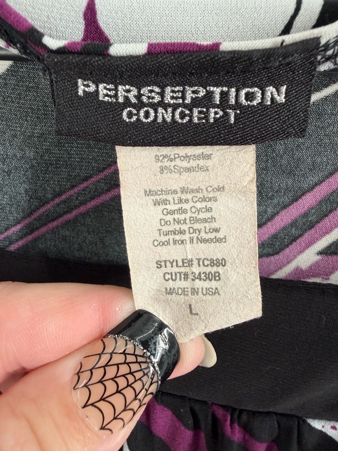 Perception Concept Top Size L Black White Purple Floral Waist Tie 3