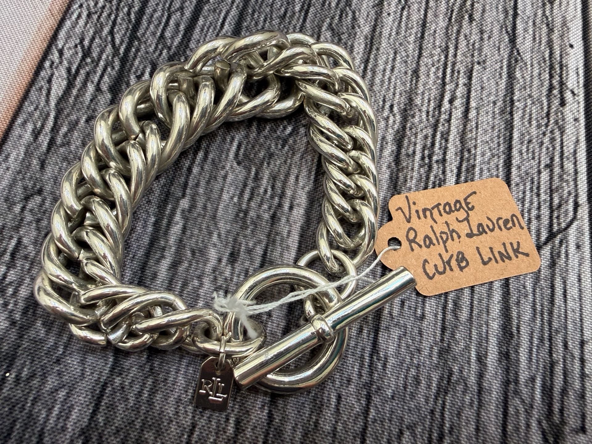 Ralph Lauren Vintage Double Curb Chain Toggle Bracelet Silver Tone 2
