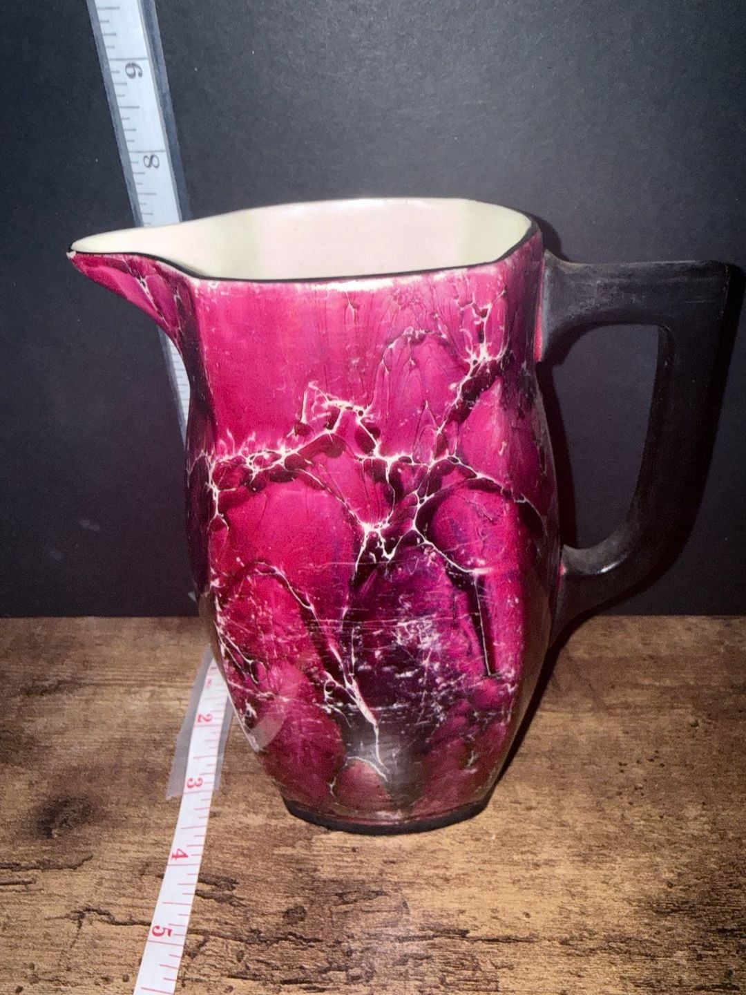 Czechoslovakia Registered Coronet Handled Pottery Pitcher Burgundy Marbled 1