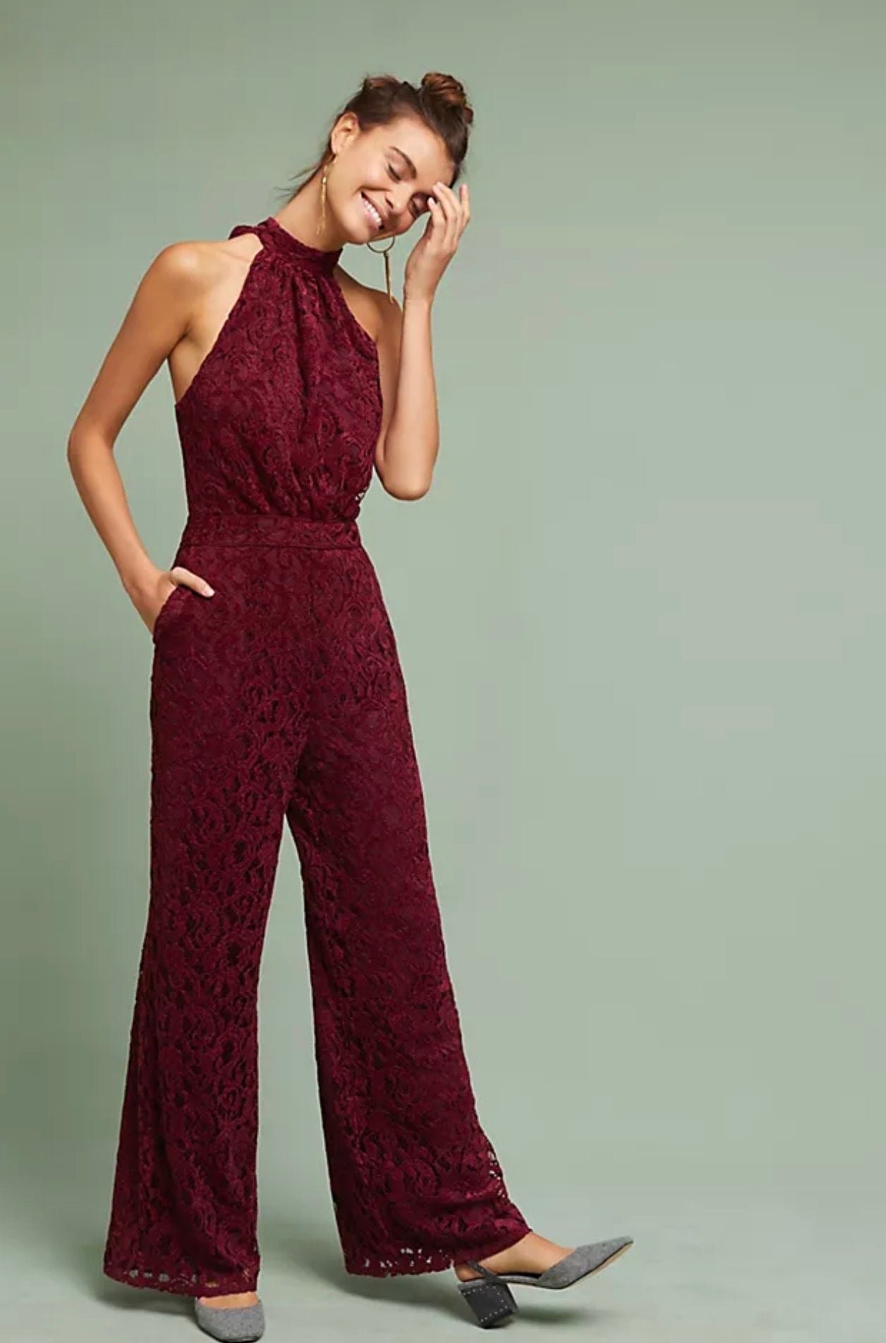 Anthropologie Aida Lace Halter Jumpsuit Wine Red 2