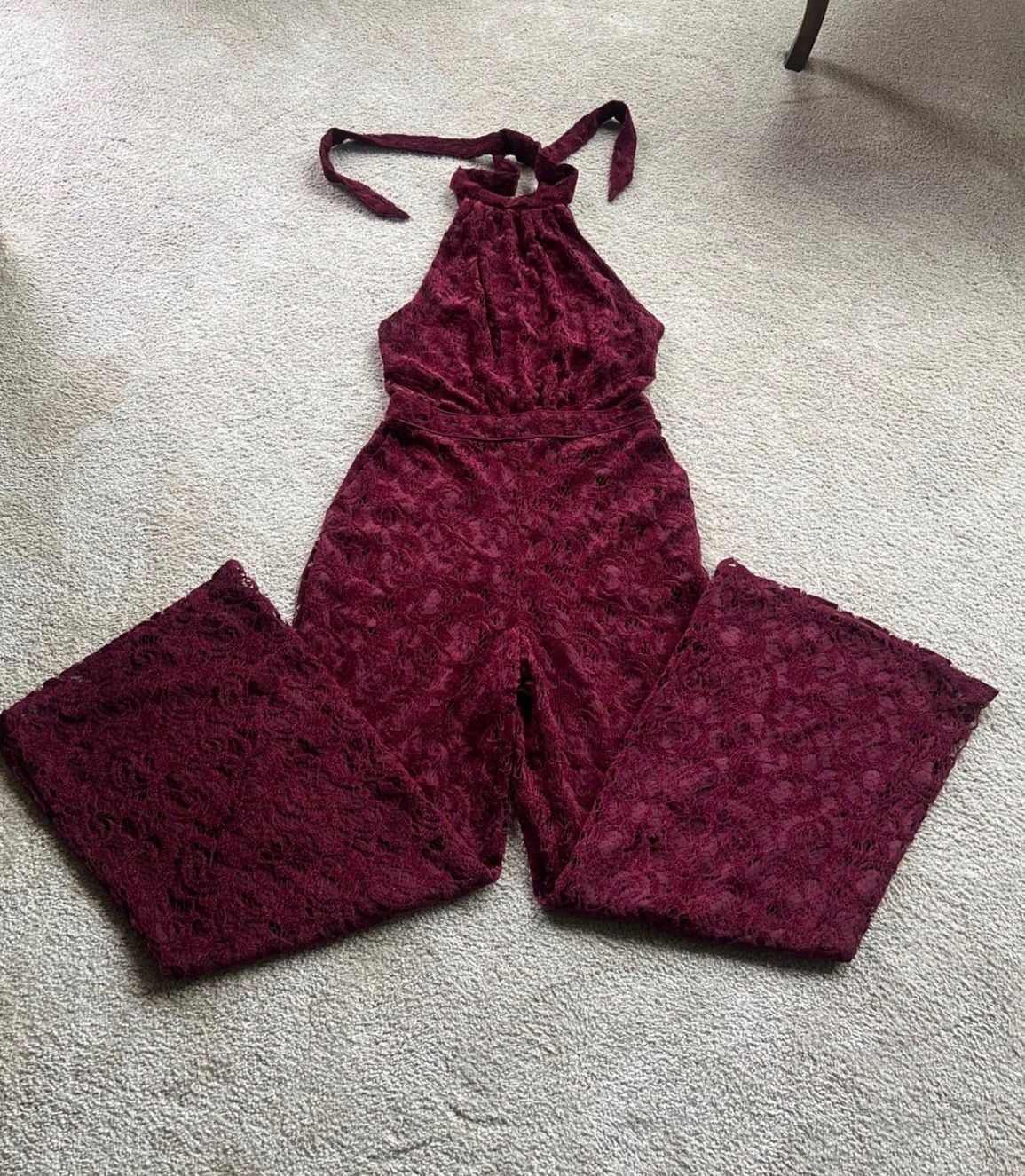 Anthropologie Aida Lace Halter Jumpsuit Wine Red 6