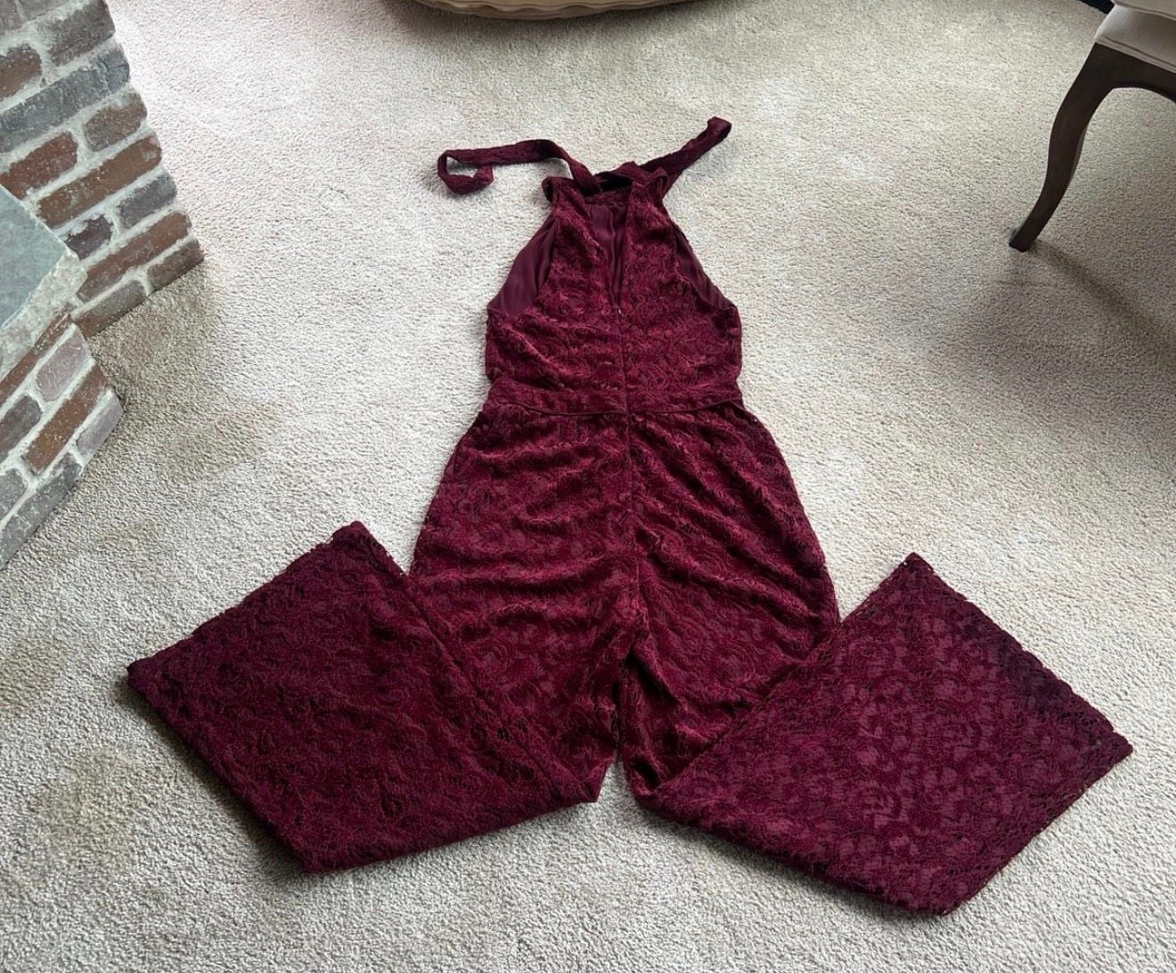 Anthropologie Aida Lace Halter Jumpsuit Wine Red 9