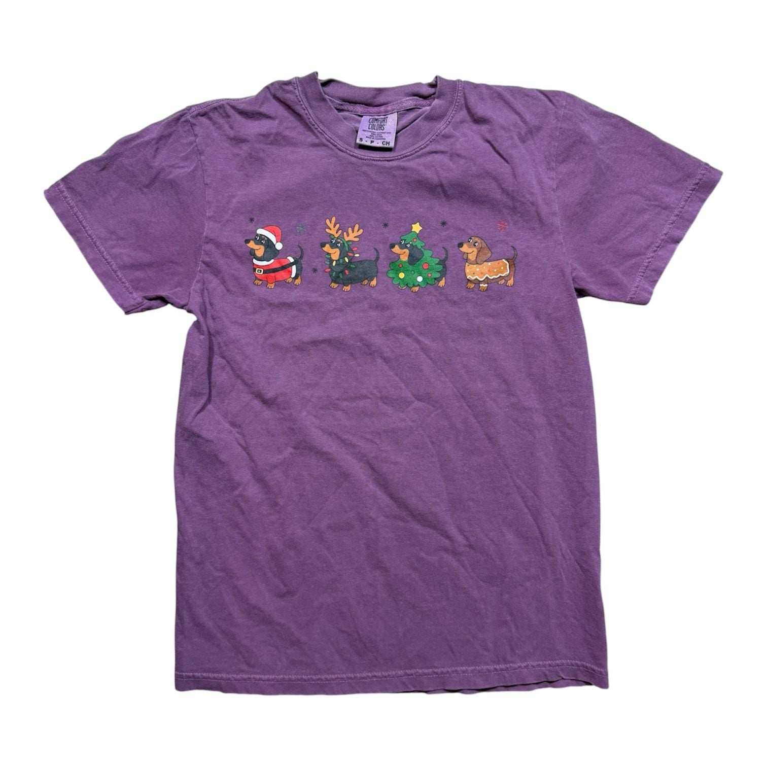 Comfort Colors Christmas Dachshund Shirt Size S Purple 2