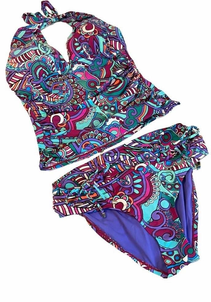 Gibson & Latimer Tankini Swimsuit Set Size M Multicolor Paisley Halter BOHO 1