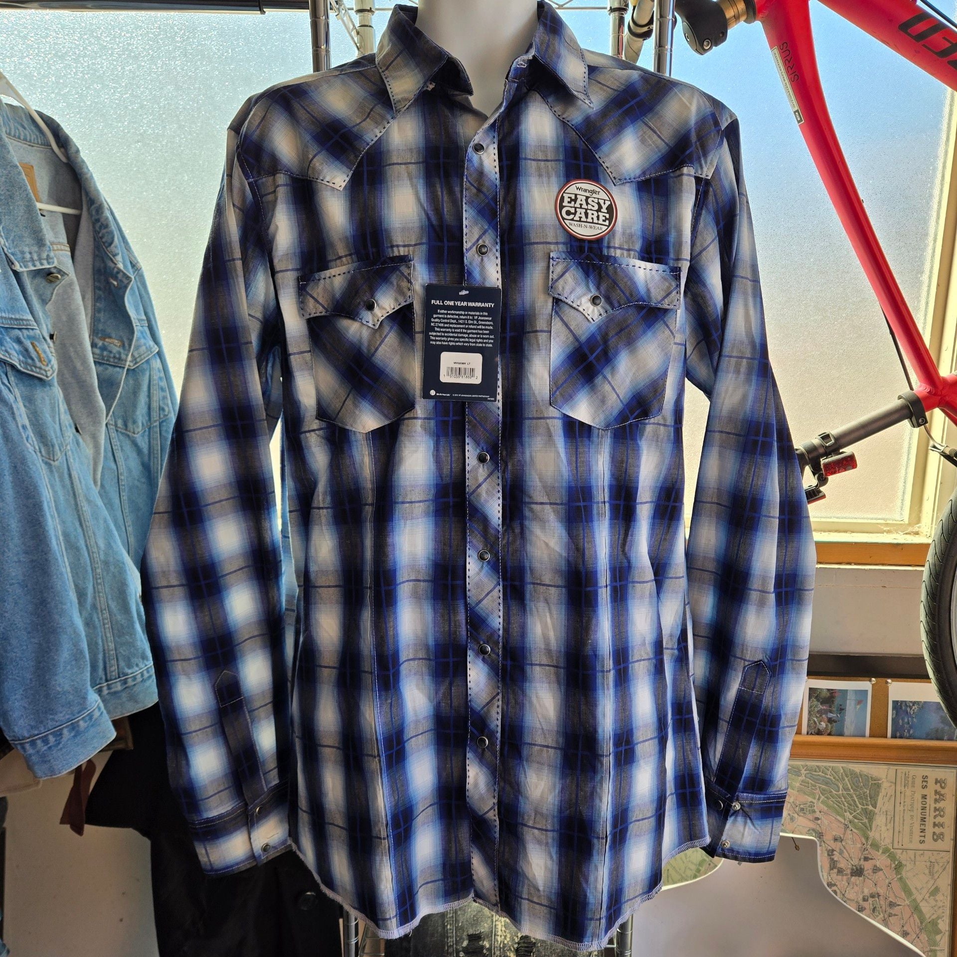 Wrangler Western Shirt LT Blue Plaid Long Sleeve Pearl Snap 2