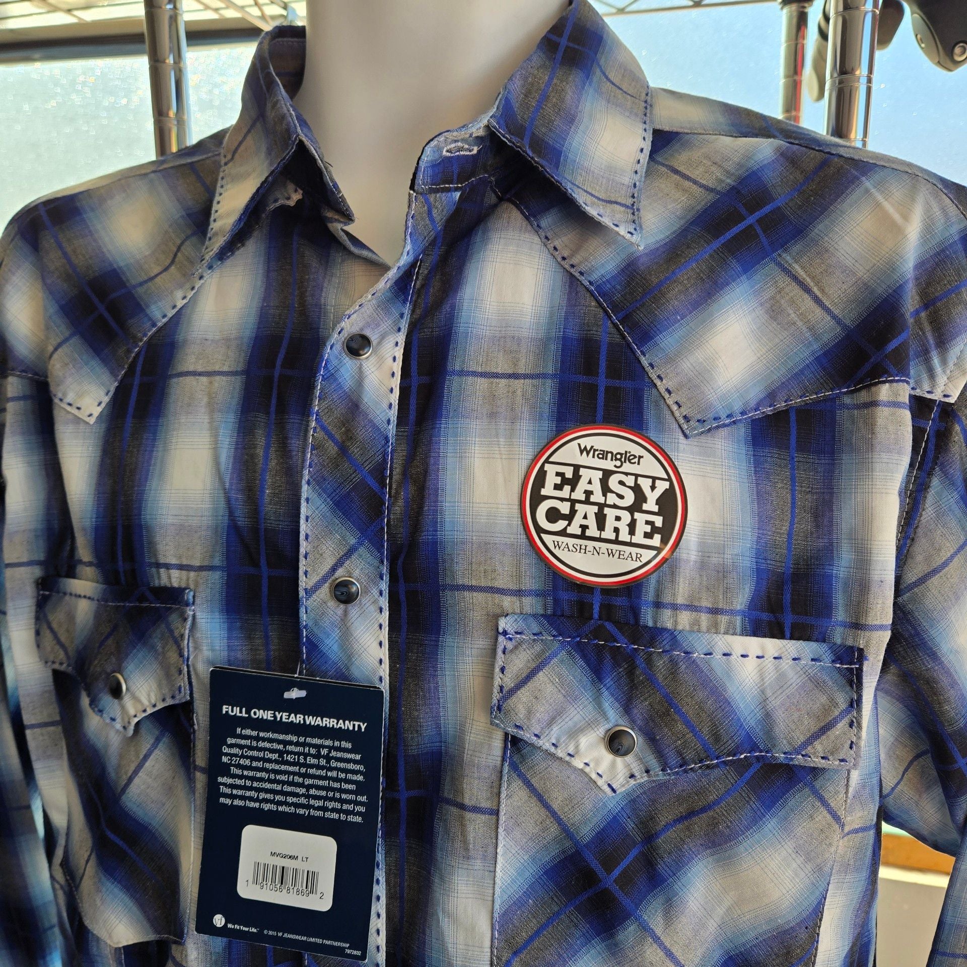 Wrangler Western Shirt LT Blue Plaid Long Sleeve Pearl Snap 3