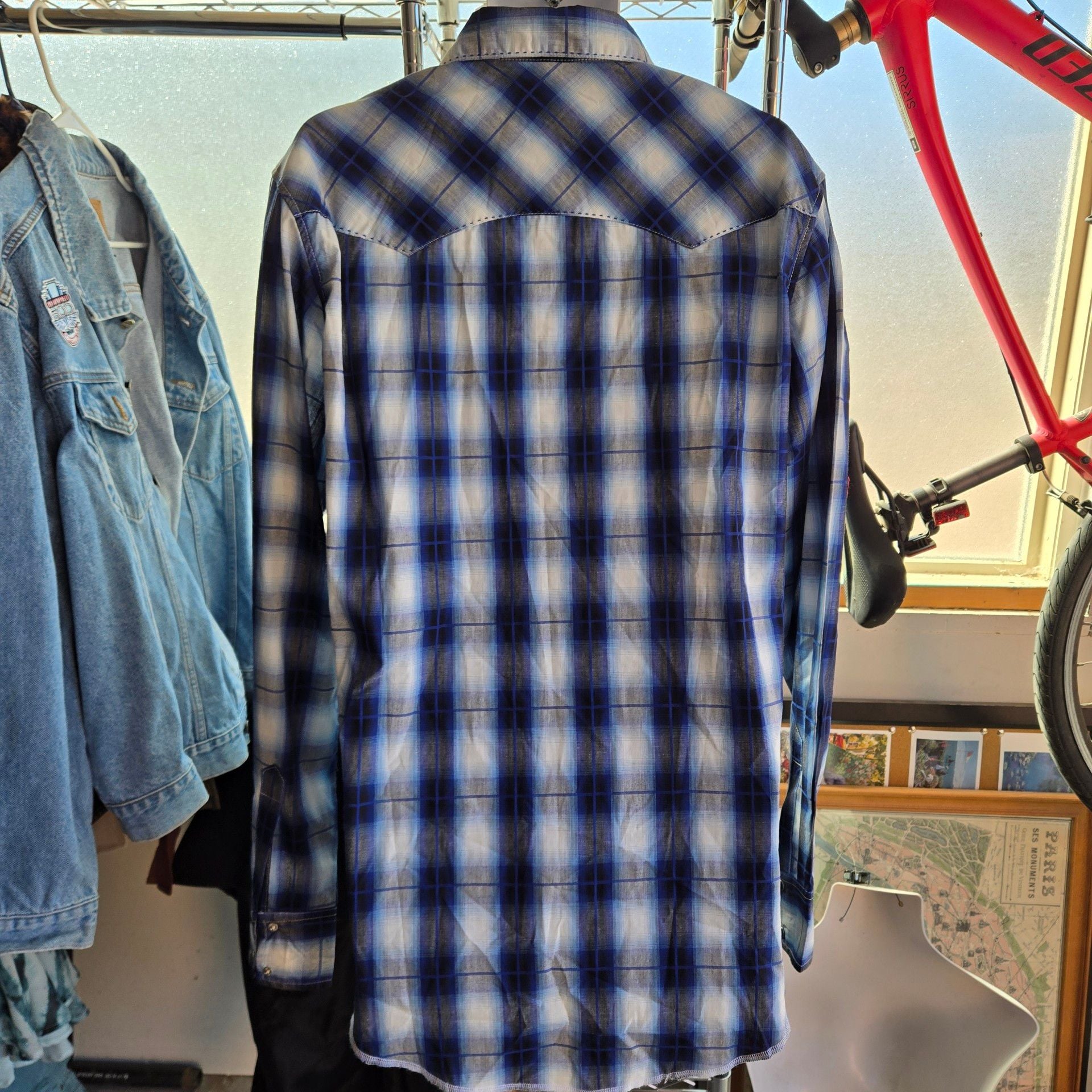 Wrangler Western Shirt LT Blue Plaid Long Sleeve Pearl Snap 4