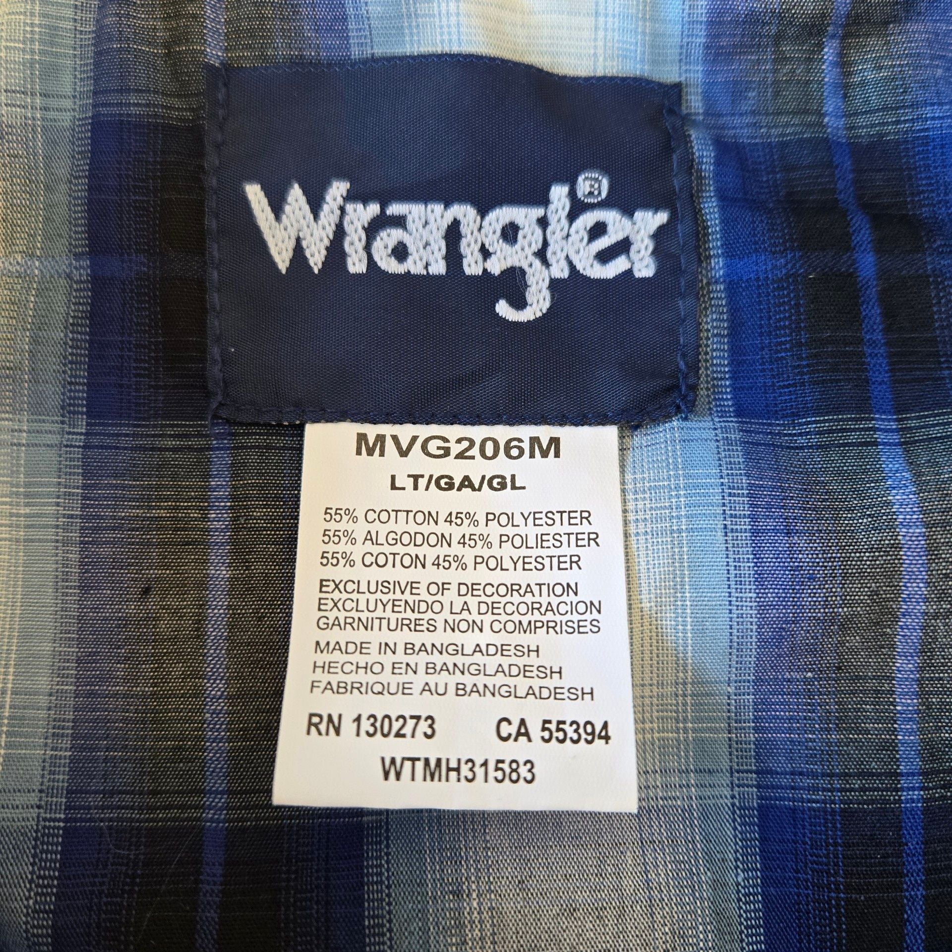 Wrangler Western Shirt LT Blue Plaid Long Sleeve Pearl Snap 5