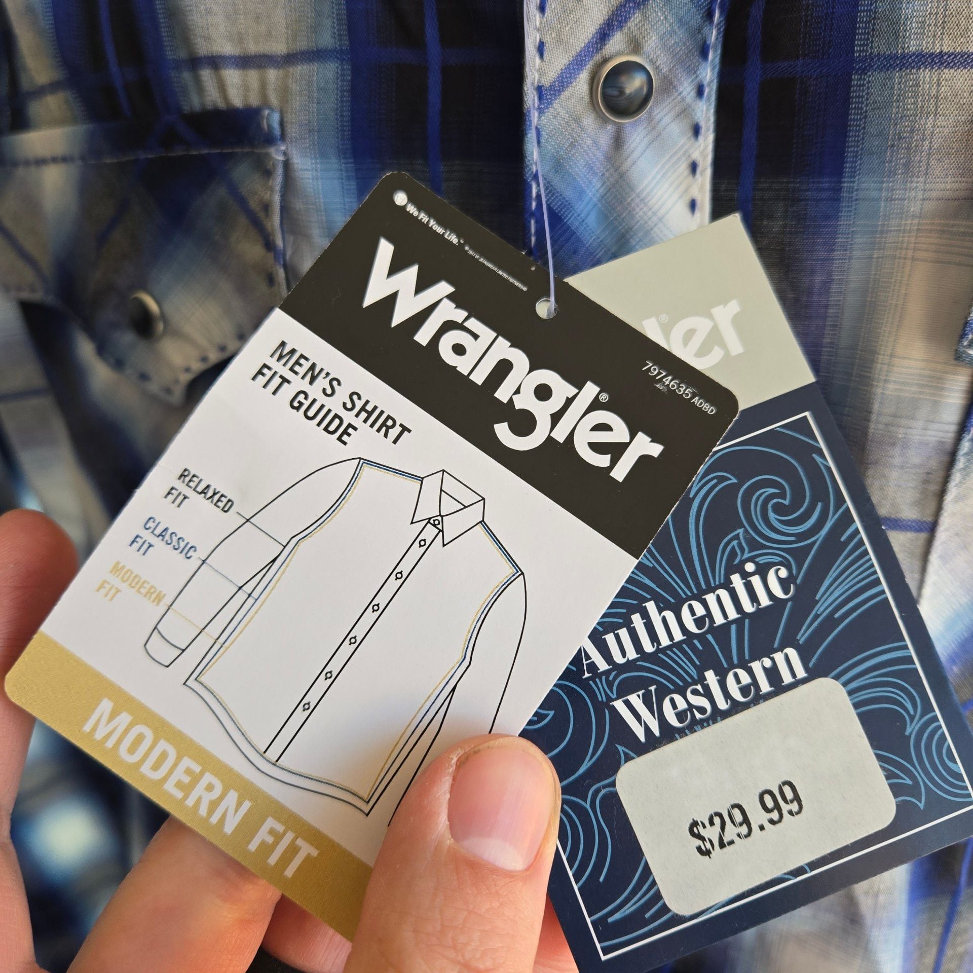 Wrangler Western Shirt LT Blue Plaid Long Sleeve Pearl Snap 6