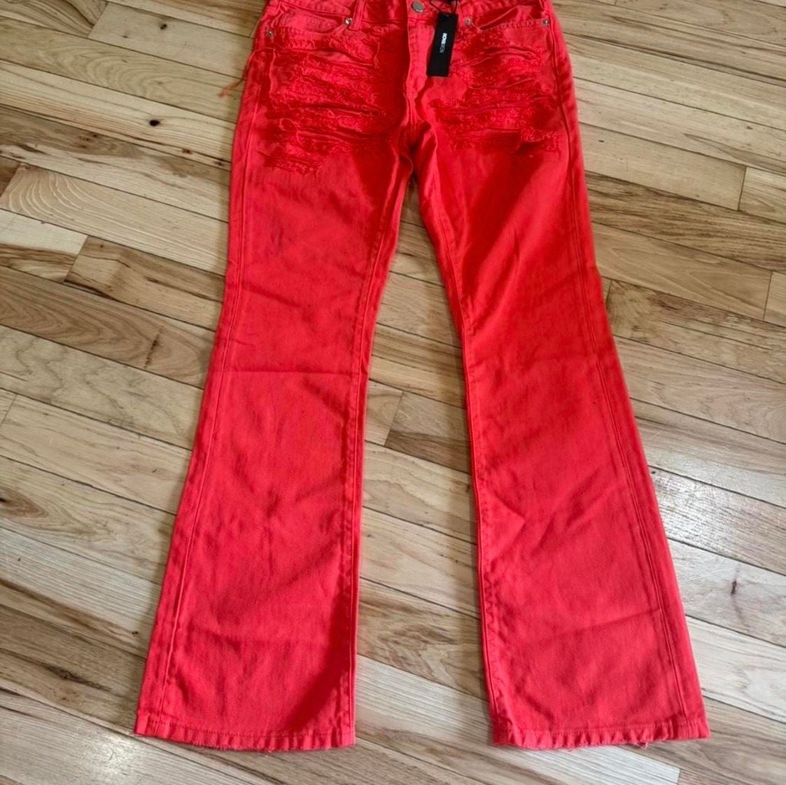 Fashion Nova Alex Distressed Dyed Stacked Slim Flare Jeans Size 32 Red 2