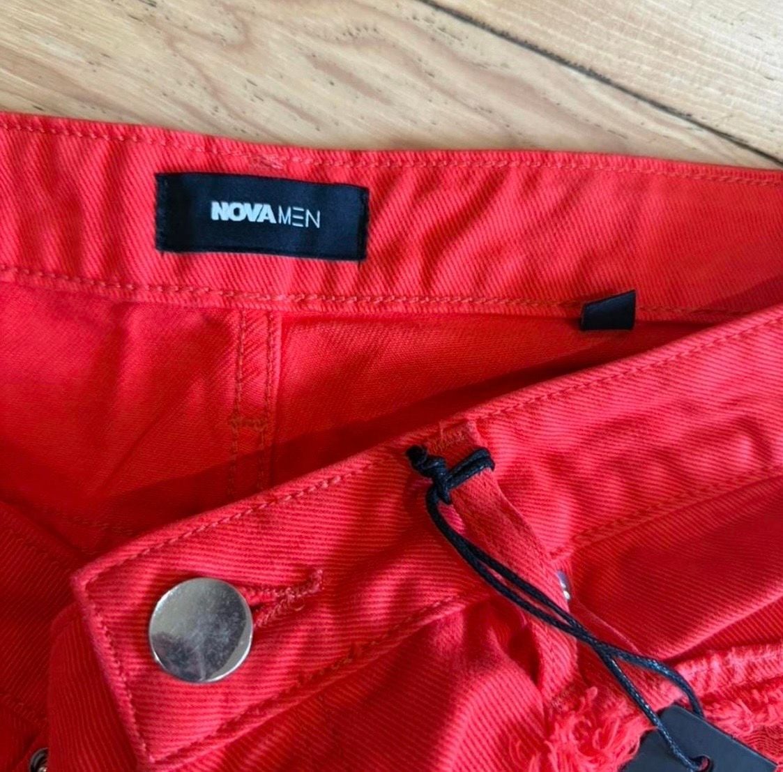 Fashion Nova Alex Distressed Dyed Stacked Slim Flare Jeans Size 32 Red 4