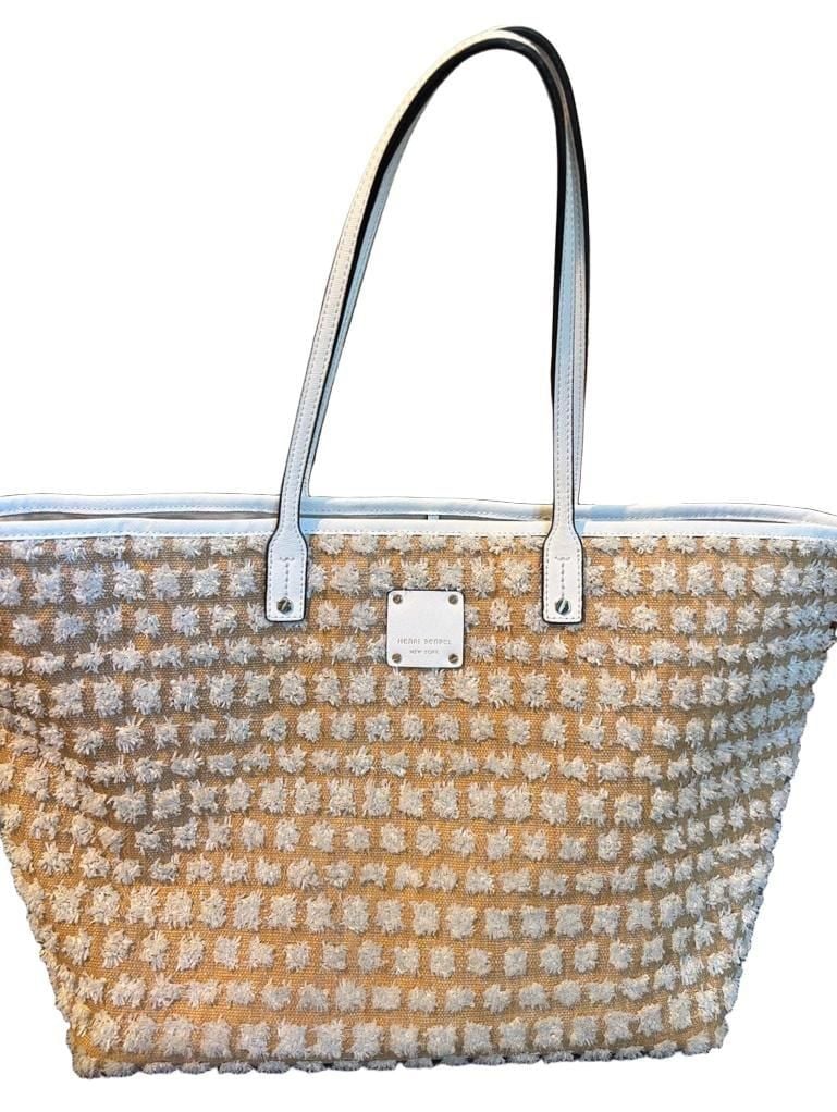 Henri Bendel Raffia Tote Bag Neutral Textured Straw White Leather 2
