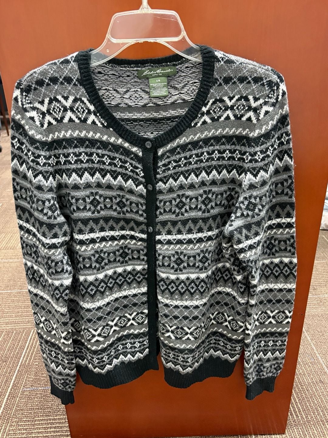Eddie Bauer Fair Isle Cardigan Sweater Size L Gray Black Wool Blend 2
