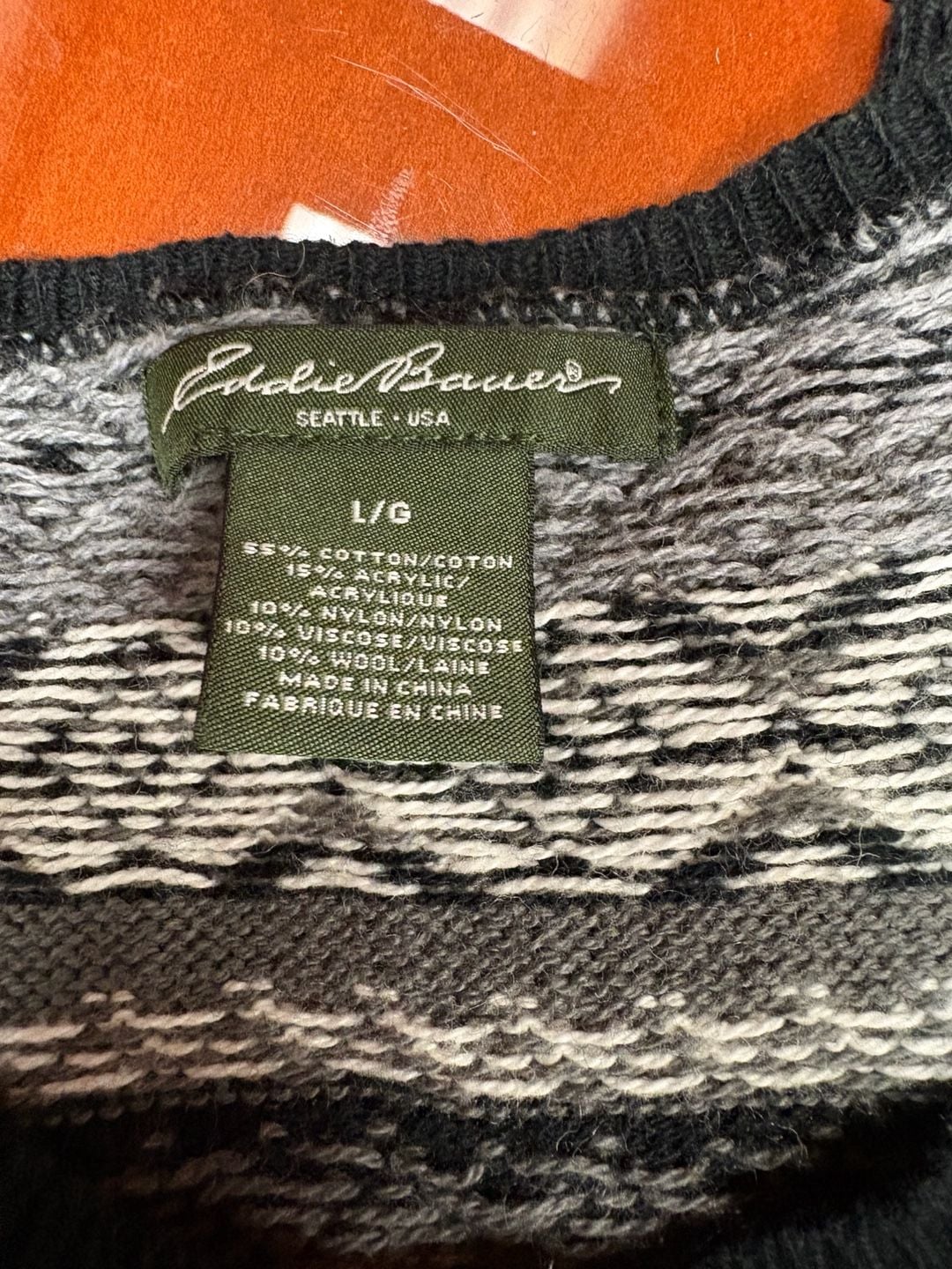 Eddie Bauer Fair Isle Cardigan Sweater Size L Gray Black Wool Blend 3
