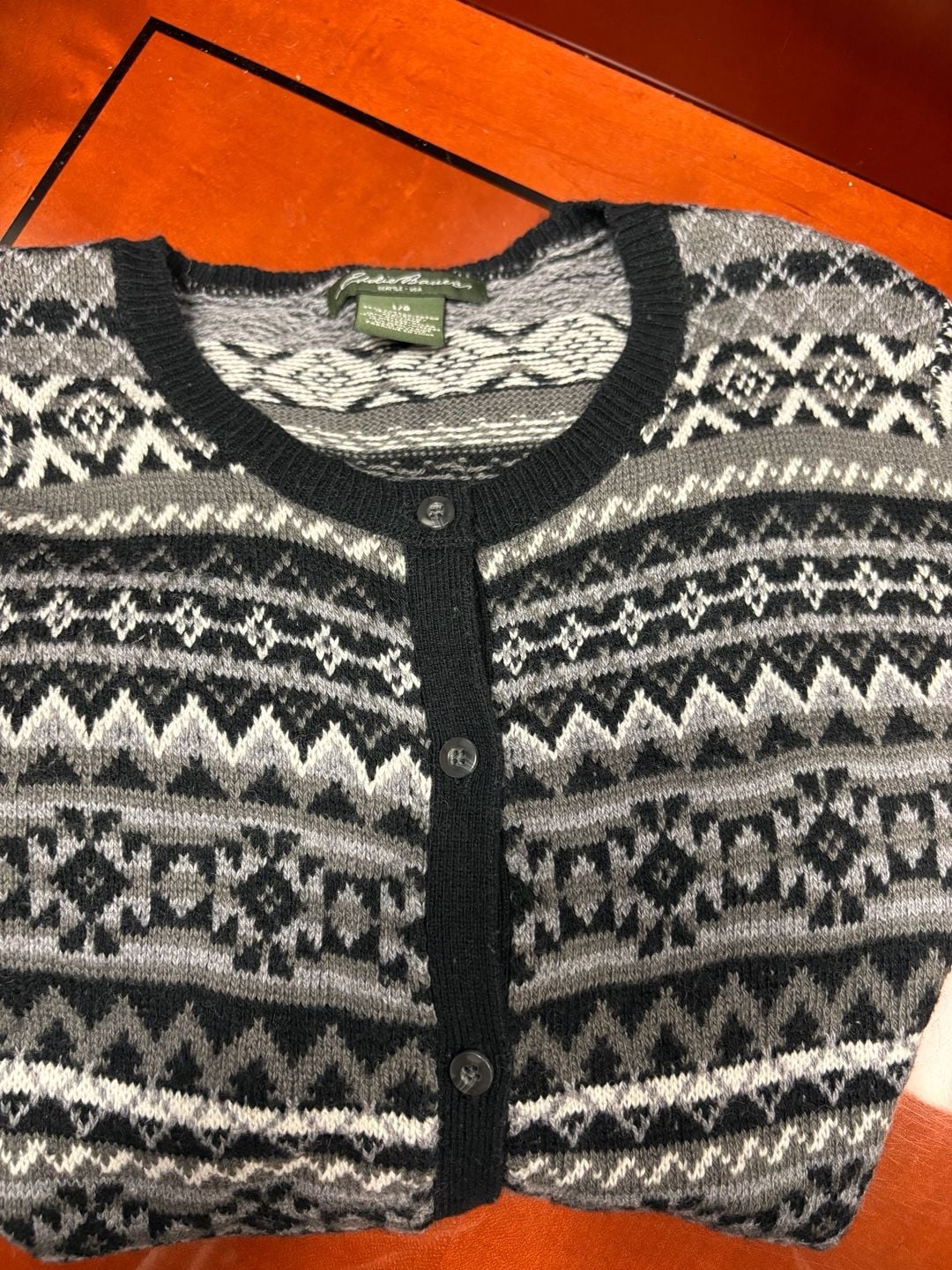 Eddie Bauer Fair Isle Cardigan Sweater Size L Gray Black Wool Blend 5