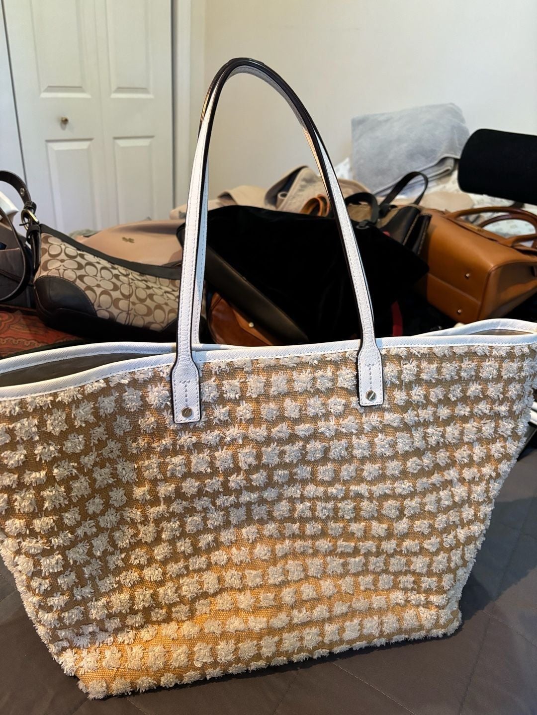 Henri Bendel Raffia Tote Bag Neutral Textured Straw White Leather 4