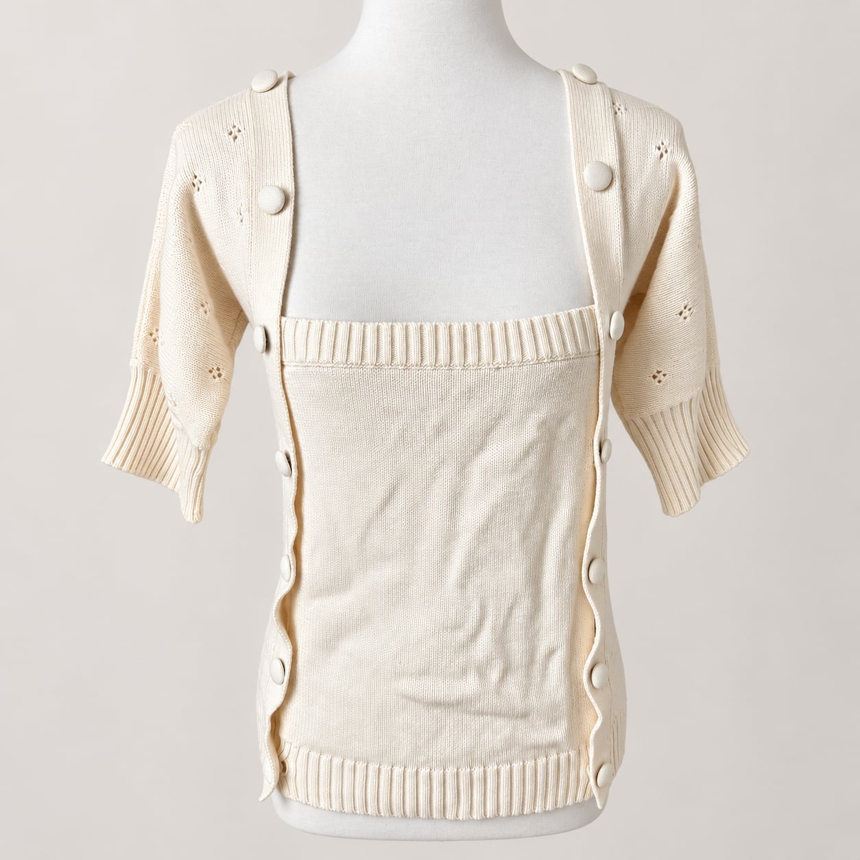 Lela Rose Cream Knit Short Sleeve Button Front Eyelet Convertible Sweater Top S 2