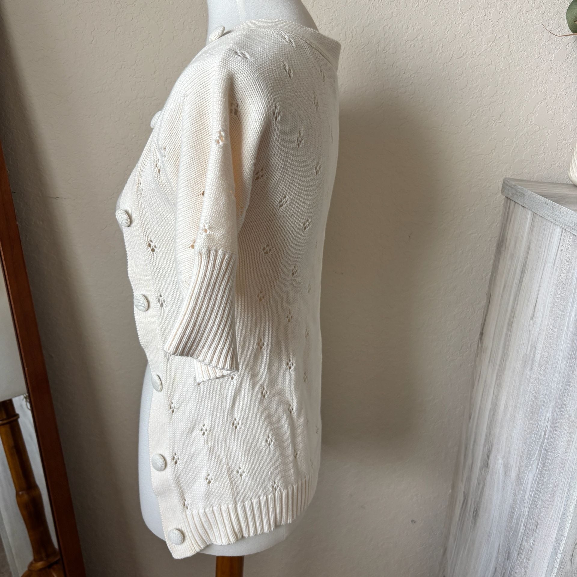 Lela Rose Cream Knit Short Sleeve Button Front Eyelet Convertible Sweater Top S 3