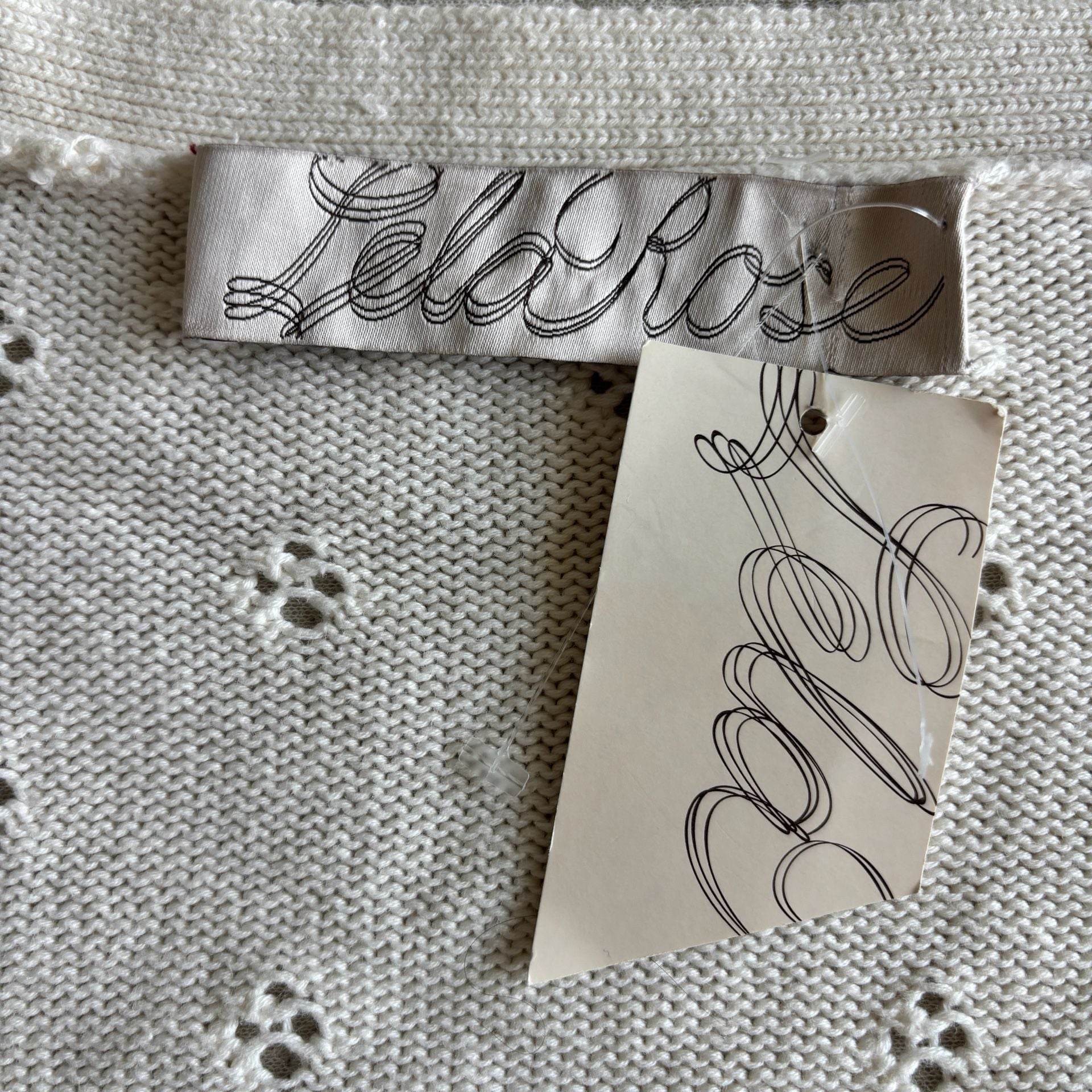 Lela Rose Cream Knit Short Sleeve Button Front Eyelet Convertible Sweater Top S 5