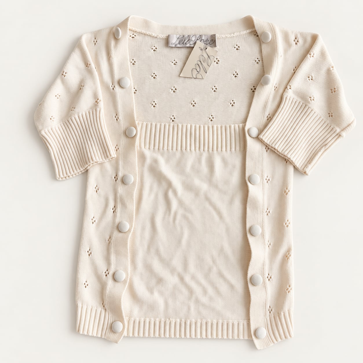 Lela Rose Cream Knit Short Sleeve Button Front Eyelet Convertible Sweater Top S 6