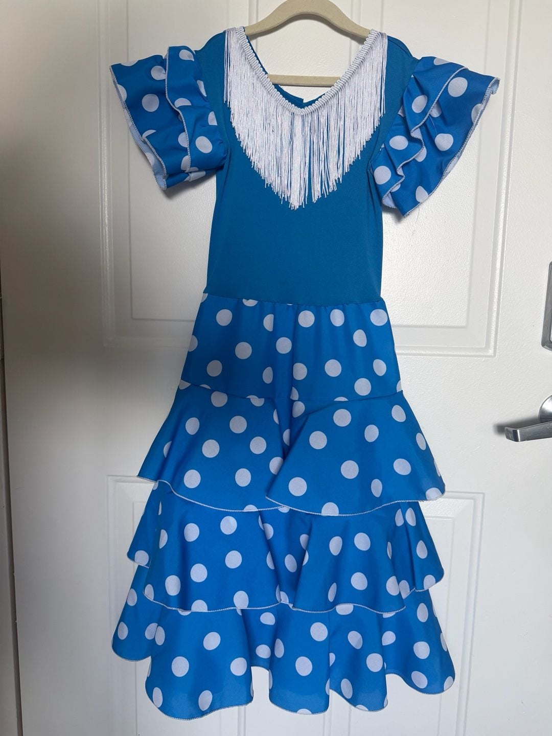 Flamenco Dress Size 8 Blue White Polka Dot Ruffle Fringe Dance Costume 2