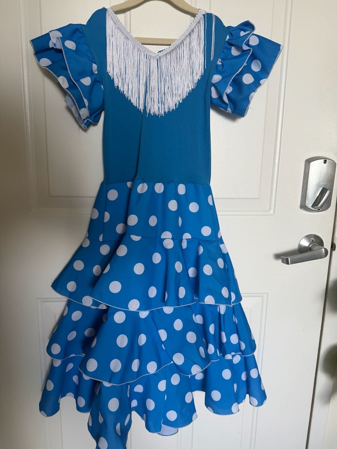 Flamenco Dress Size 8 Blue White Polka Dot Ruffle Fringe Dance Costume 3