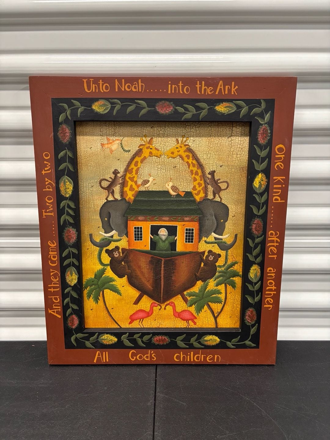 Vintage Hand Painted Folk Art Noah's Ark Wood Framed Wall Art 1