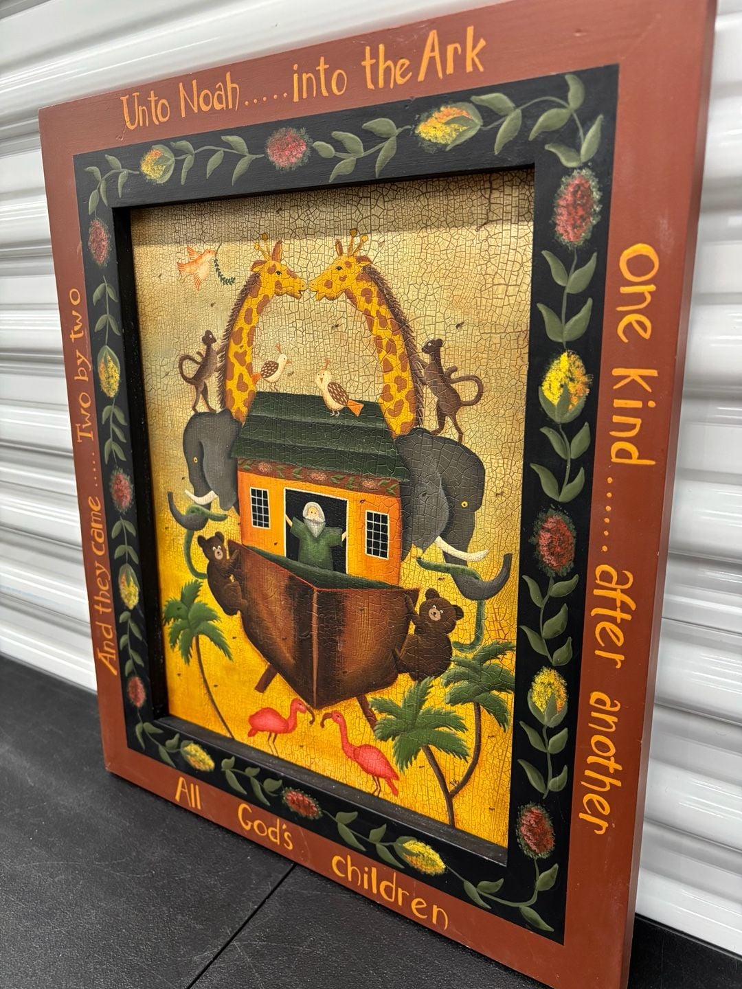 Vintage Hand Painted Folk Art Noah's Ark Wood Framed Wall Art 3