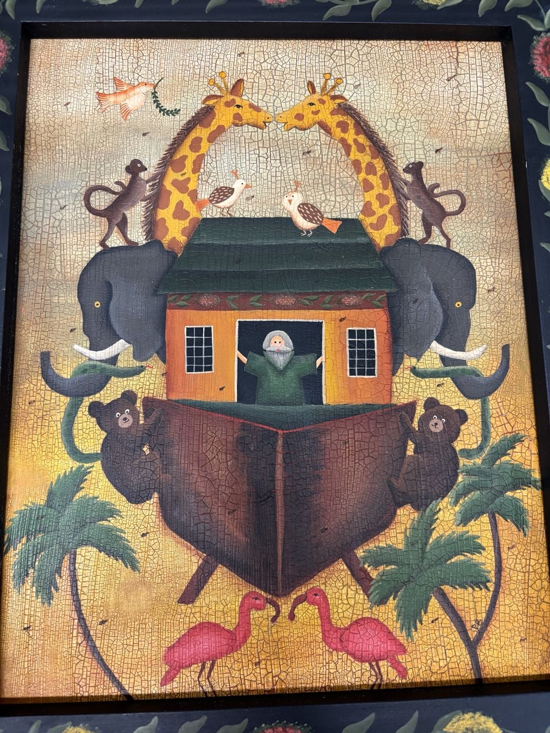 Vintage Hand Painted Folk Art Noah's Ark Wood Framed Wall Art 4