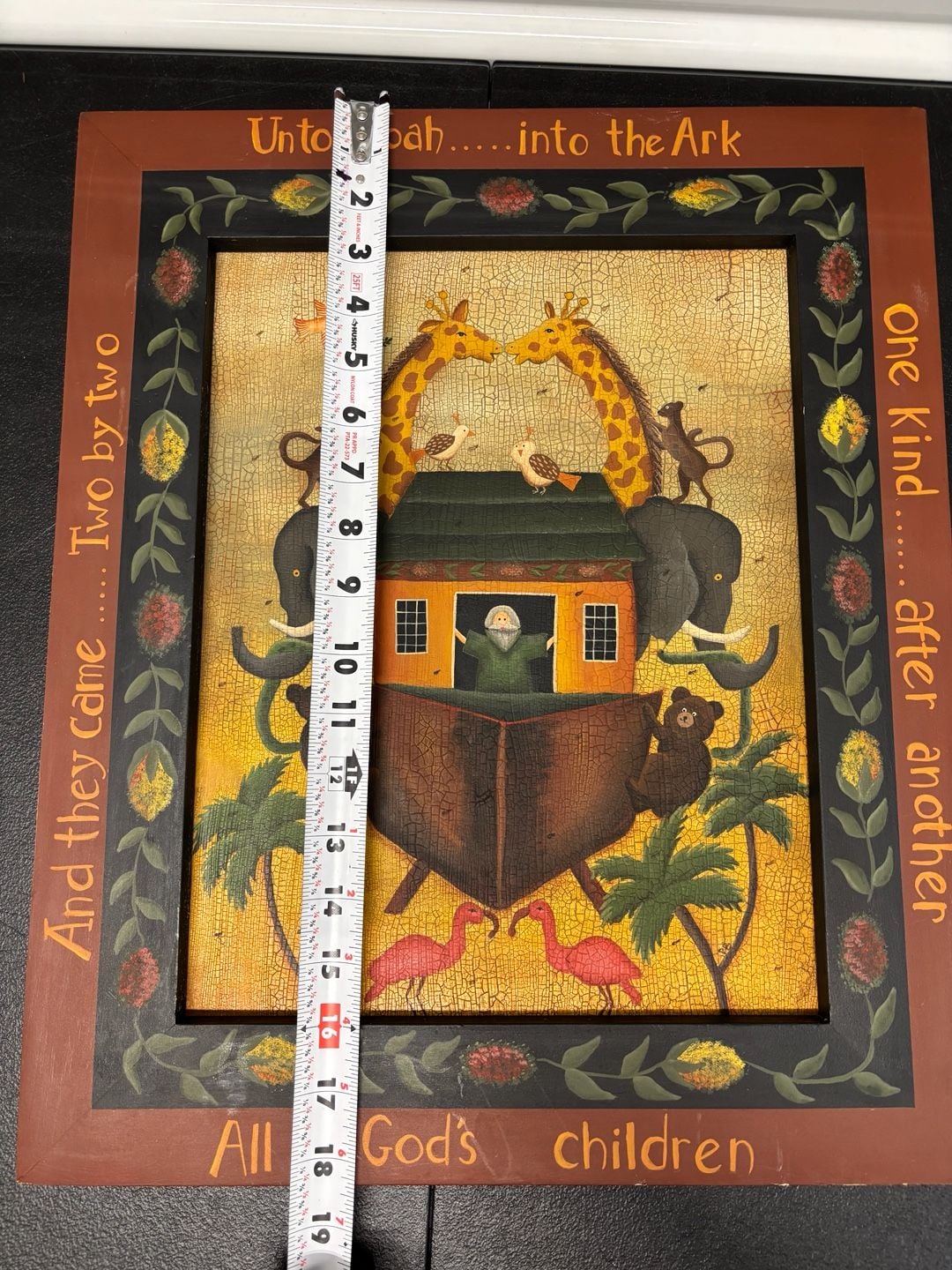 Vintage Hand Painted Folk Art Noah's Ark Wood Framed Wall Art 6