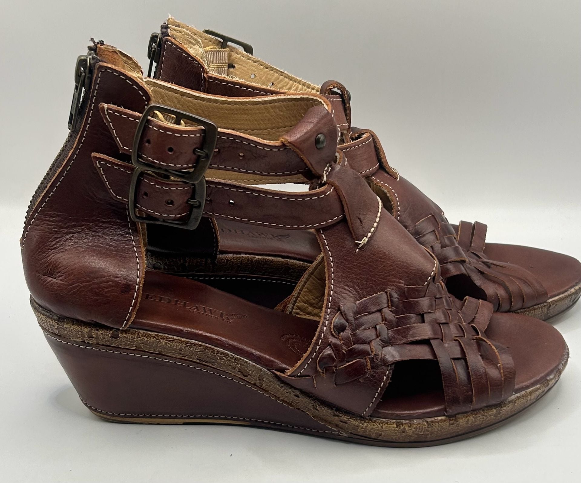 Redhawk Leather Co. Wedge Sandals Size 9 Brown Woven Leather 3