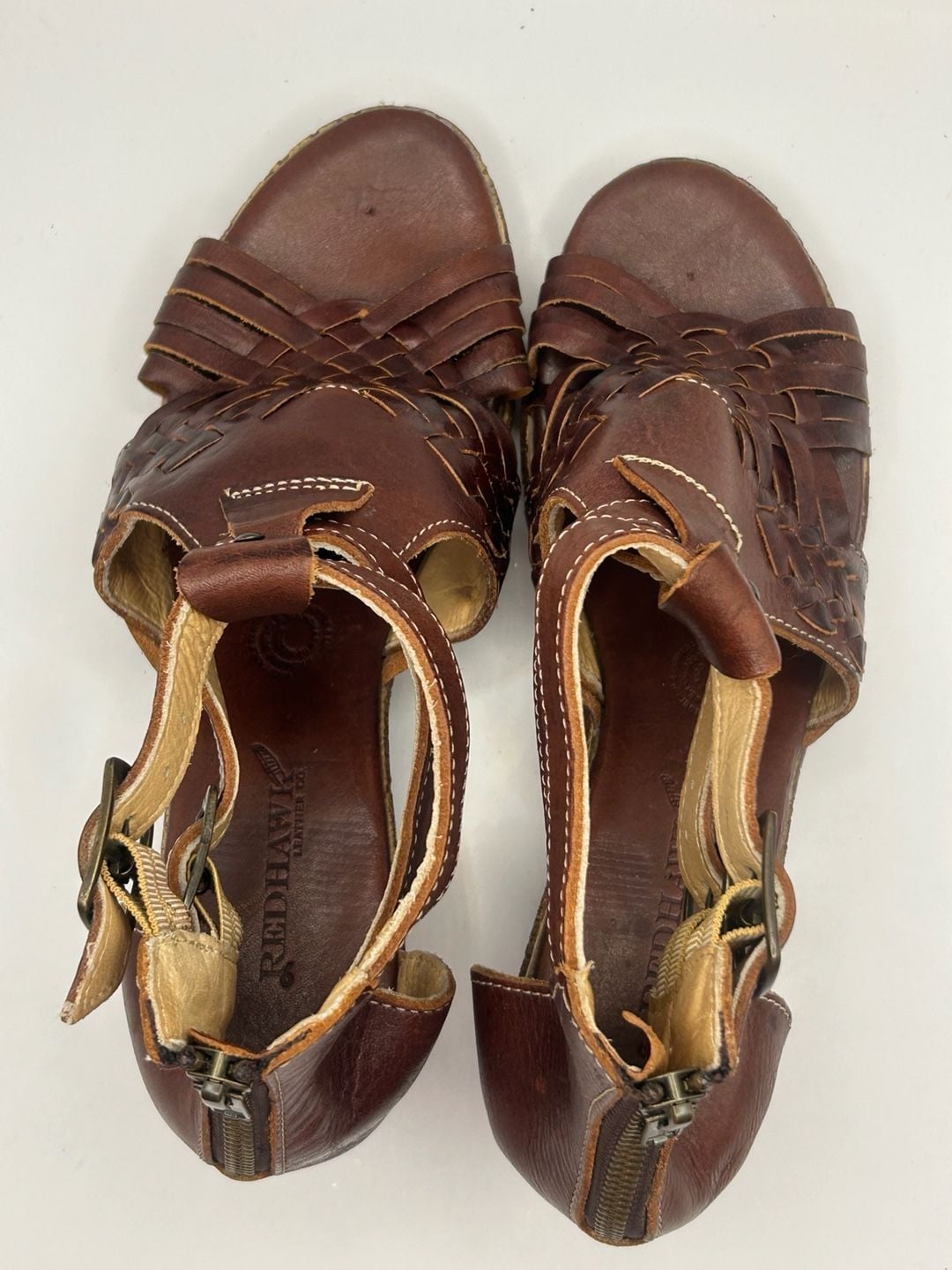 Redhawk Leather Co. Wedge Sandals Size 9 Brown Woven Leather 9