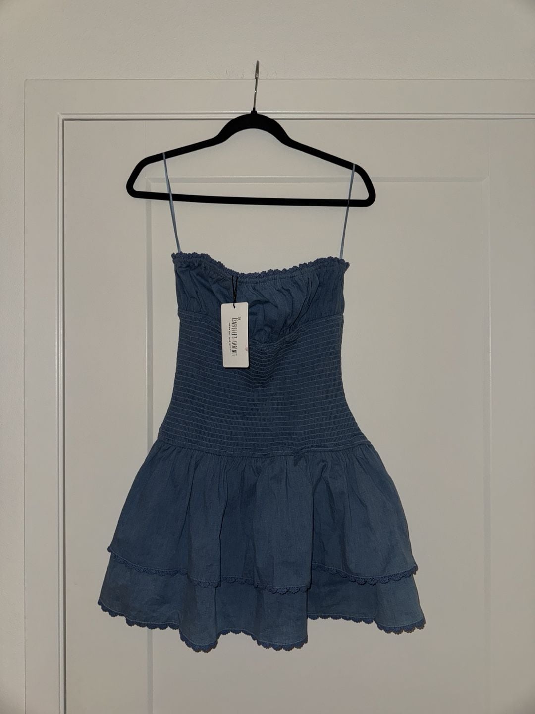 Sky to Moon Austin Ruffle Denim Dress Size L Blue Strapless Mini 2