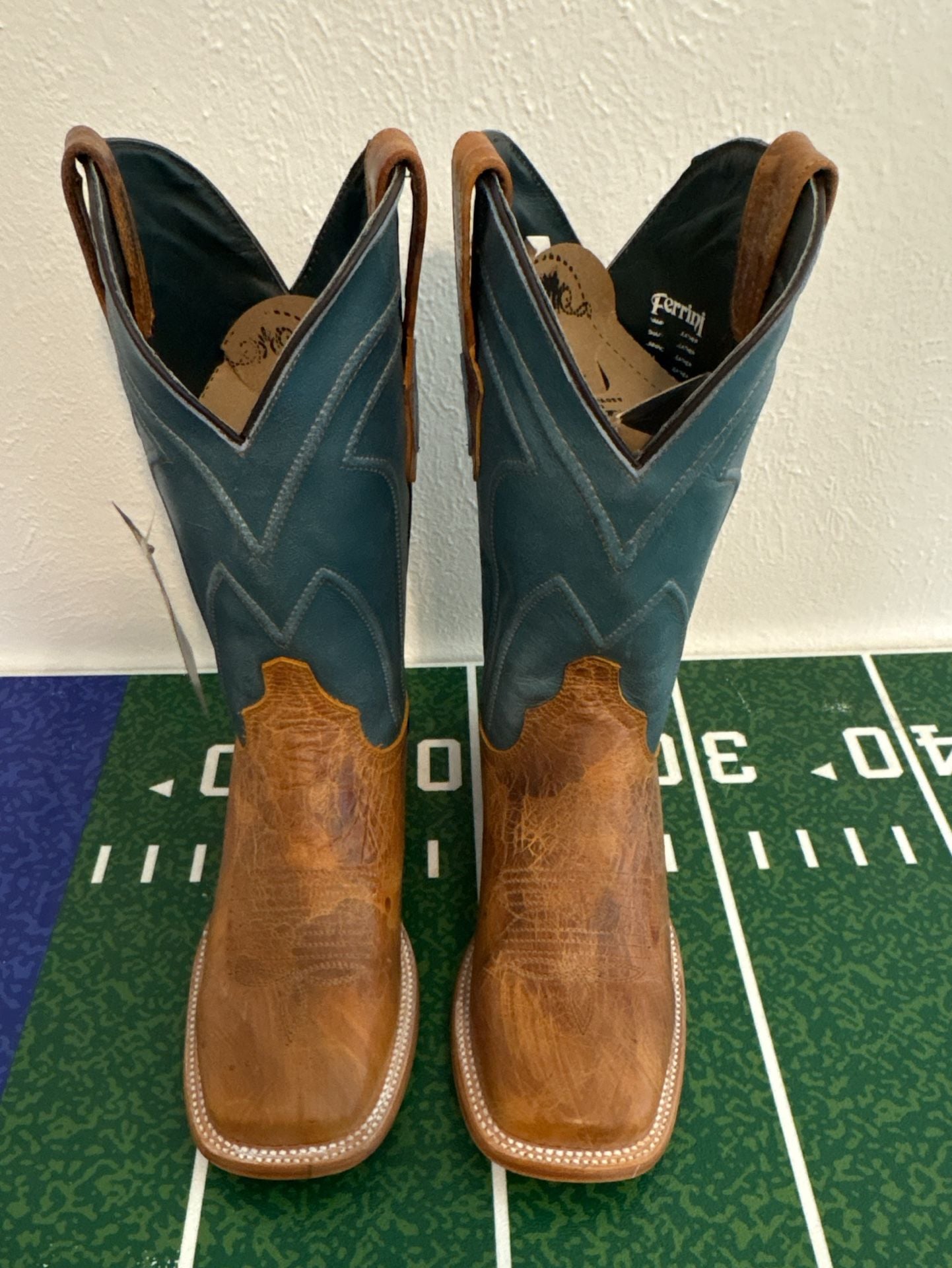 Ferrini Western Boots Square Toe Size 9D Brown Blue Leather 3