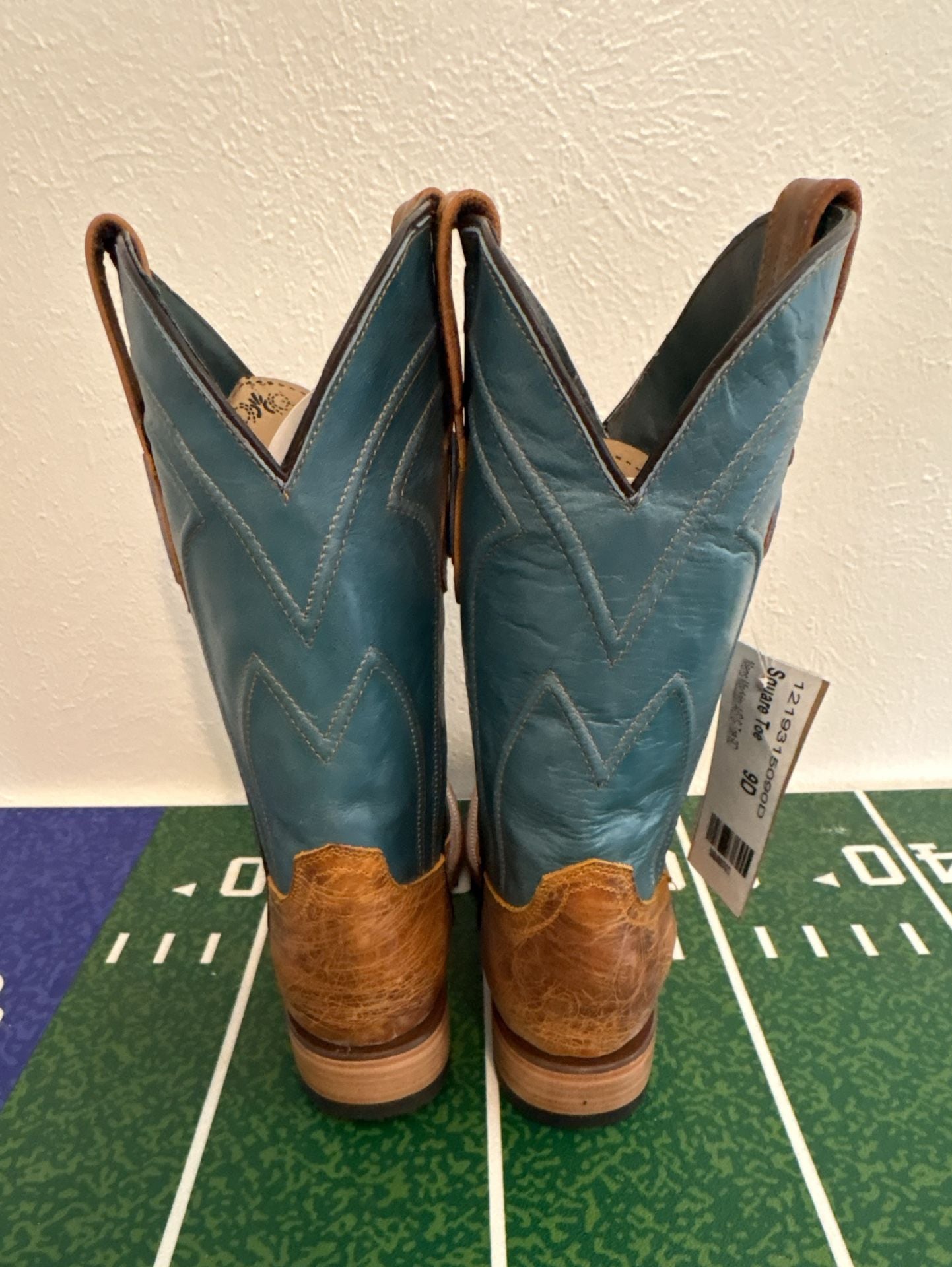 Ferrini Western Boots Square Toe Size 9D Brown Blue Leather 5