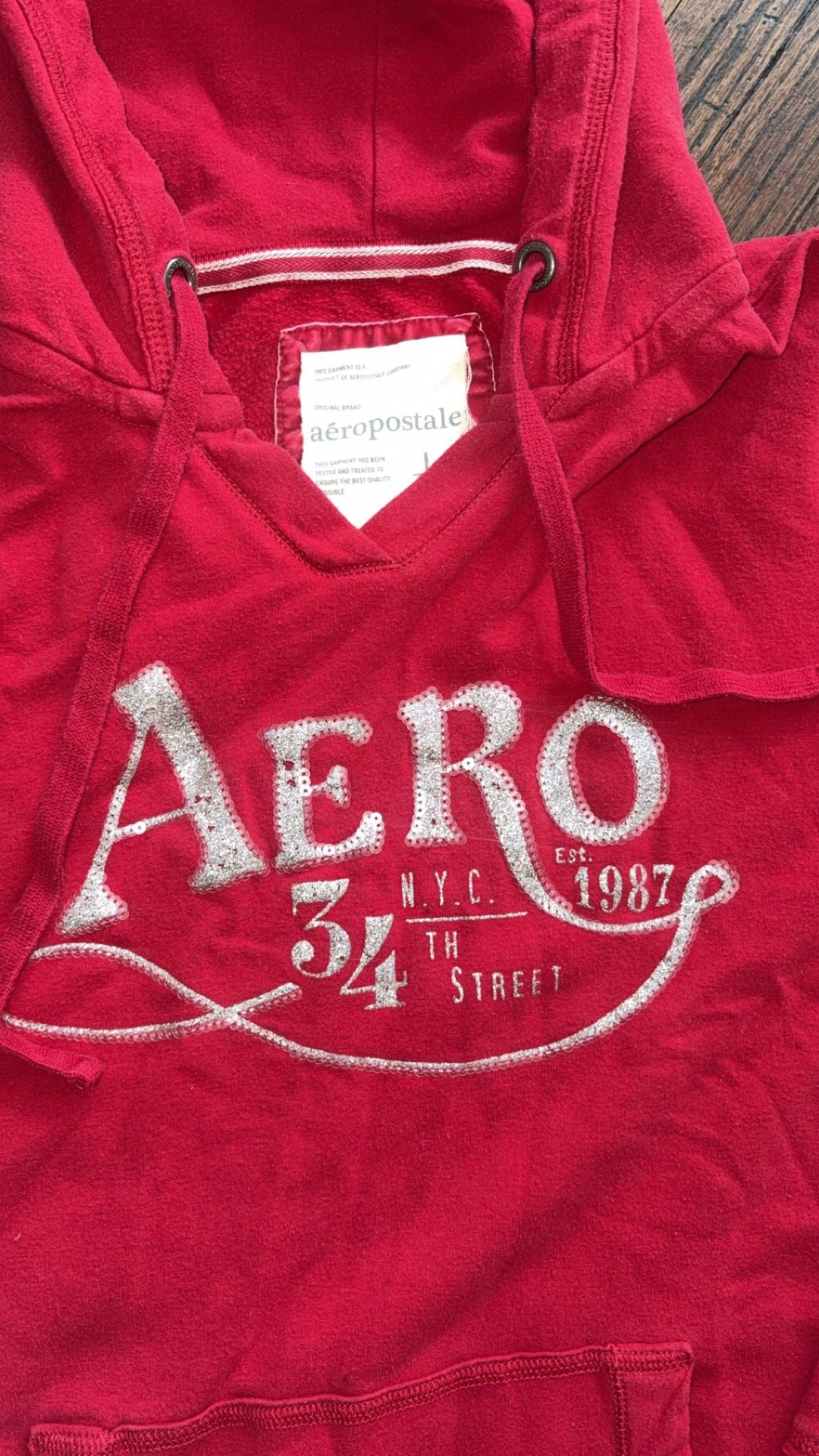 Y2K Aeropostale Hoodie Sweatshirt Size L Red Sequin Aero 34th Street 3