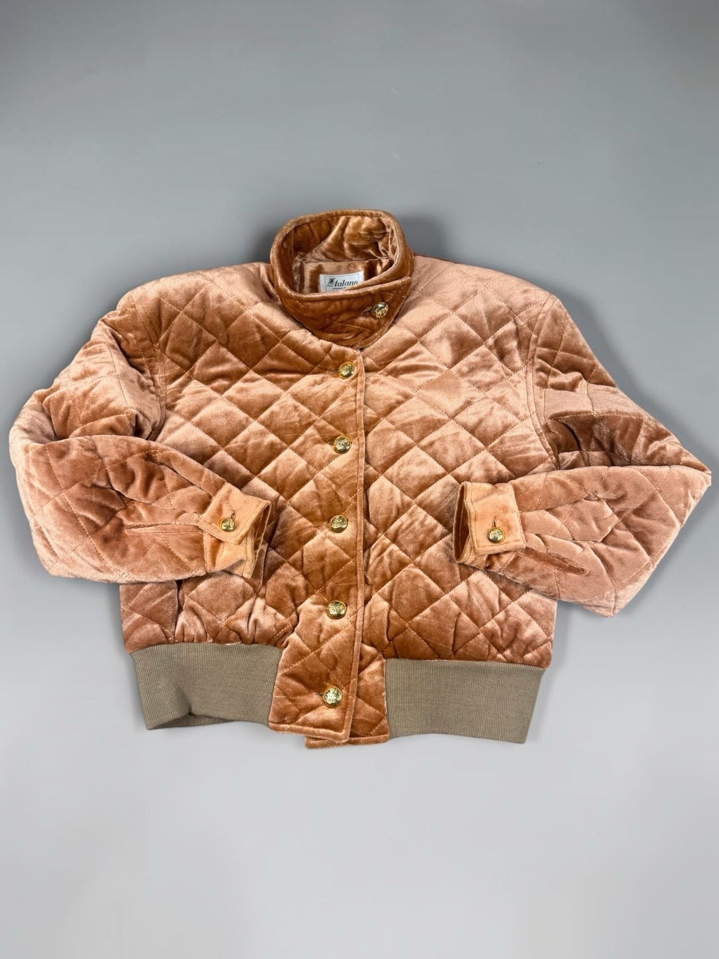 Women’s Italano Quilted Velvet Bomber Jacket Size M Camel Gold Buttons 3
