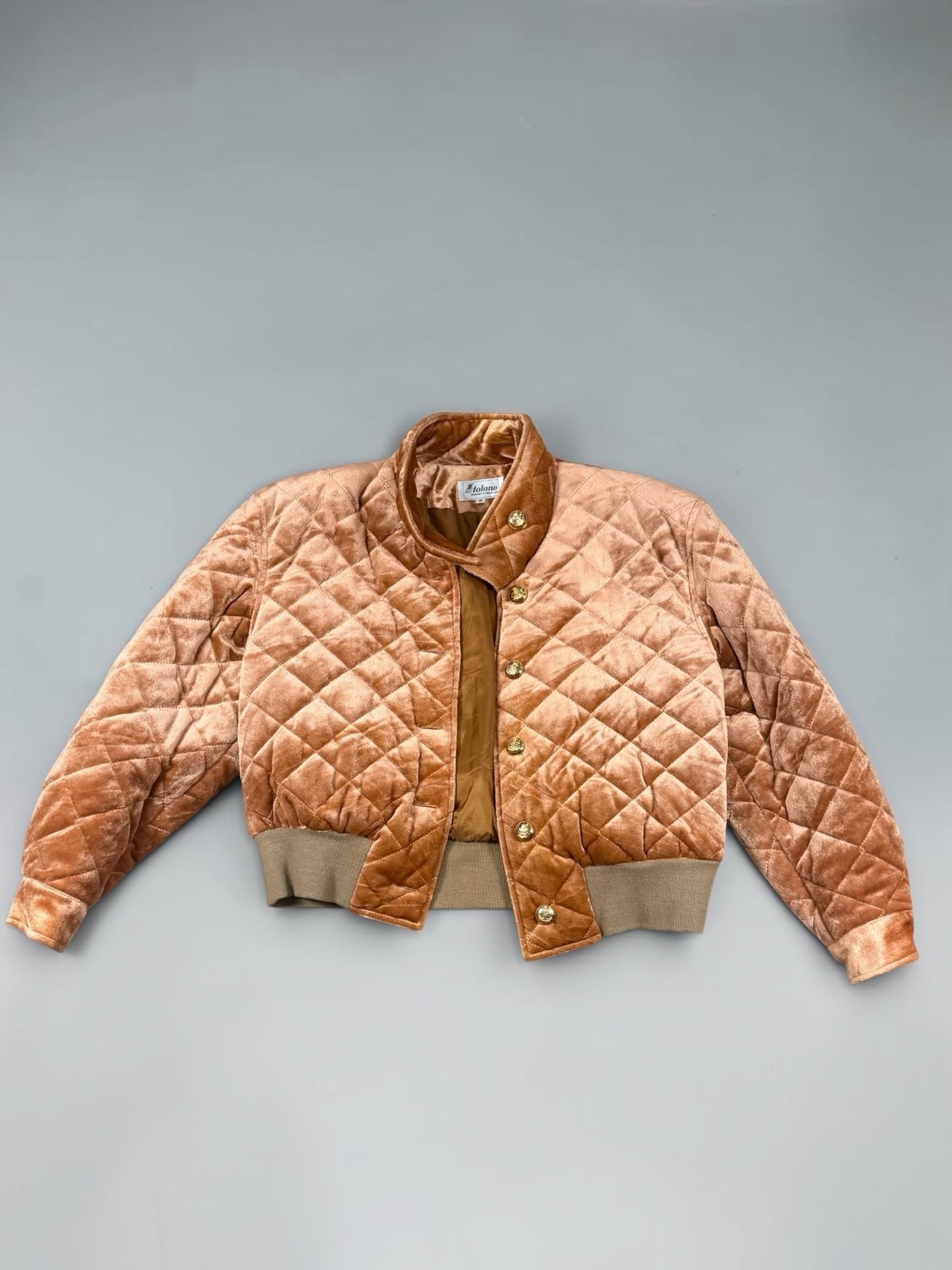 Women’s Italano Quilted Velvet Bomber Jacket Size M Camel Gold Buttons 4