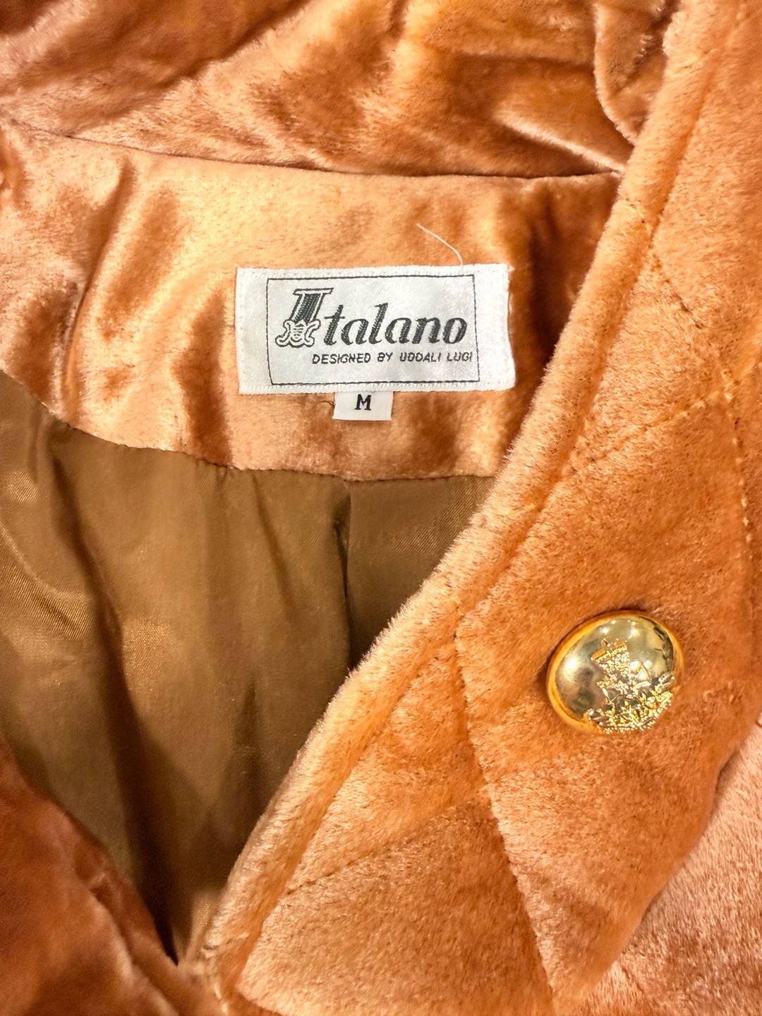 Women’s Italano Quilted Velvet Bomber Jacket Size M Camel Gold Buttons 5