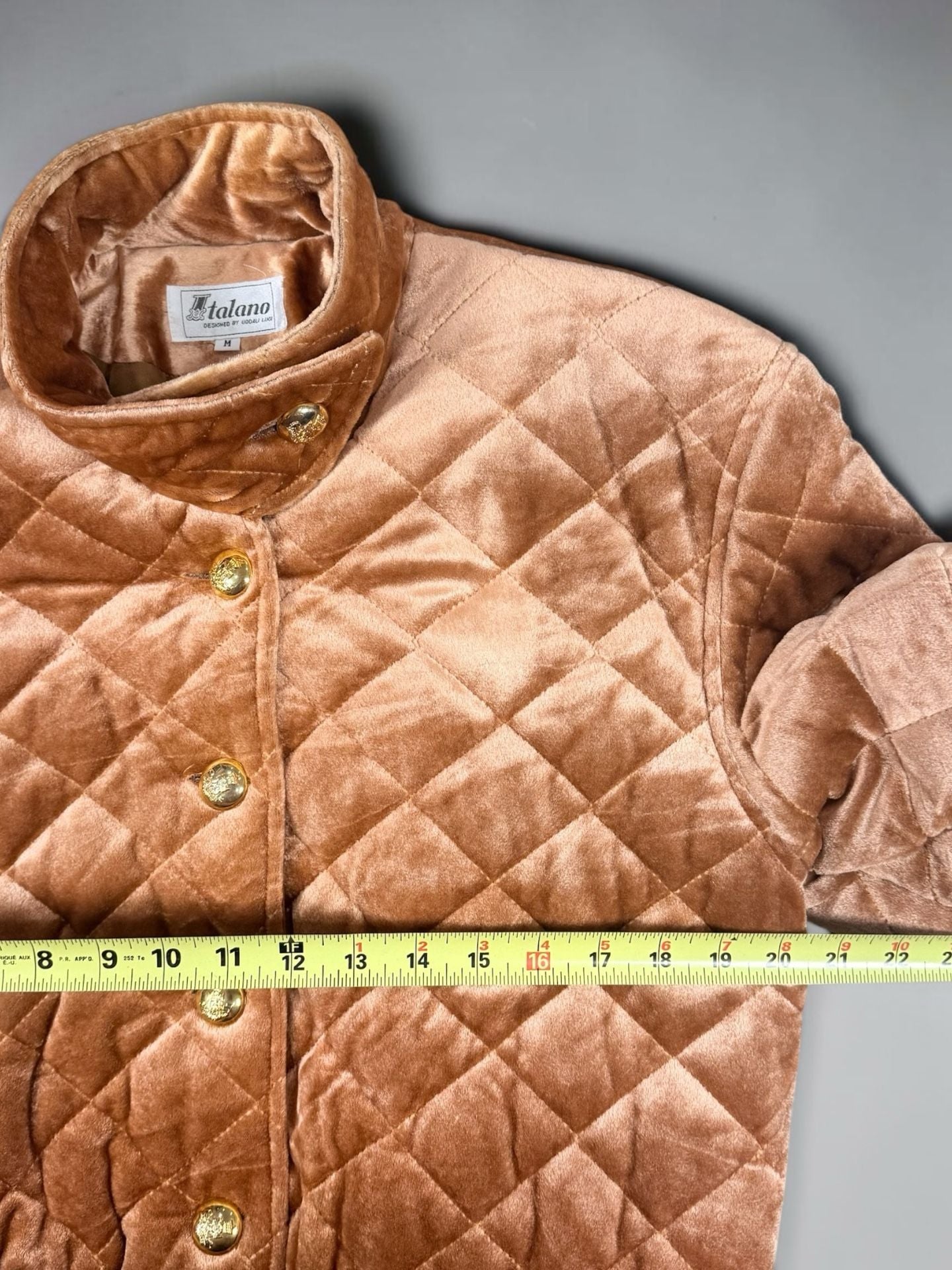 Women’s Italano Quilted Velvet Bomber Jacket Size M Camel Gold Buttons 8