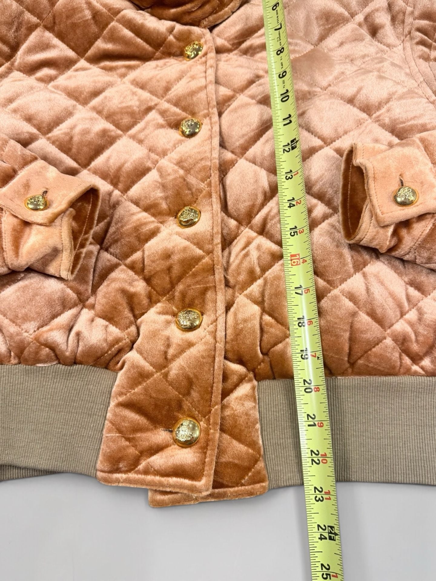 Women’s Italano Quilted Velvet Bomber Jacket Size M Camel Gold Buttons 9