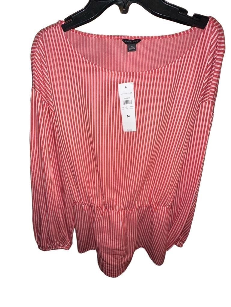 Ann Taylor Striped Blouse Size M Red White Tie Waist NWT 4