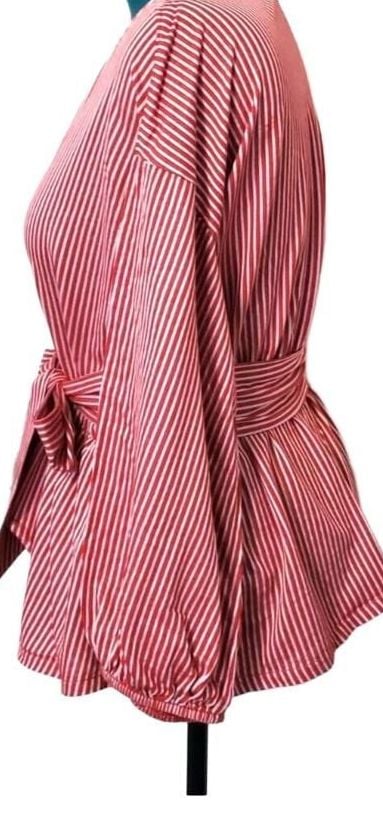 Ann Taylor Striped Blouse Size M Red White Tie Waist NWT 8
