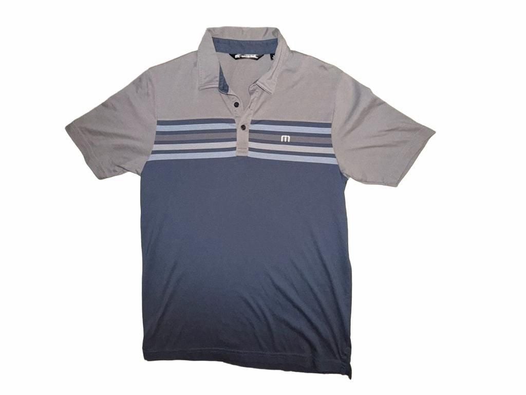 TravisMathew Striped Golf Polo Shirt Size S Gray Blue Short Sleeve 2