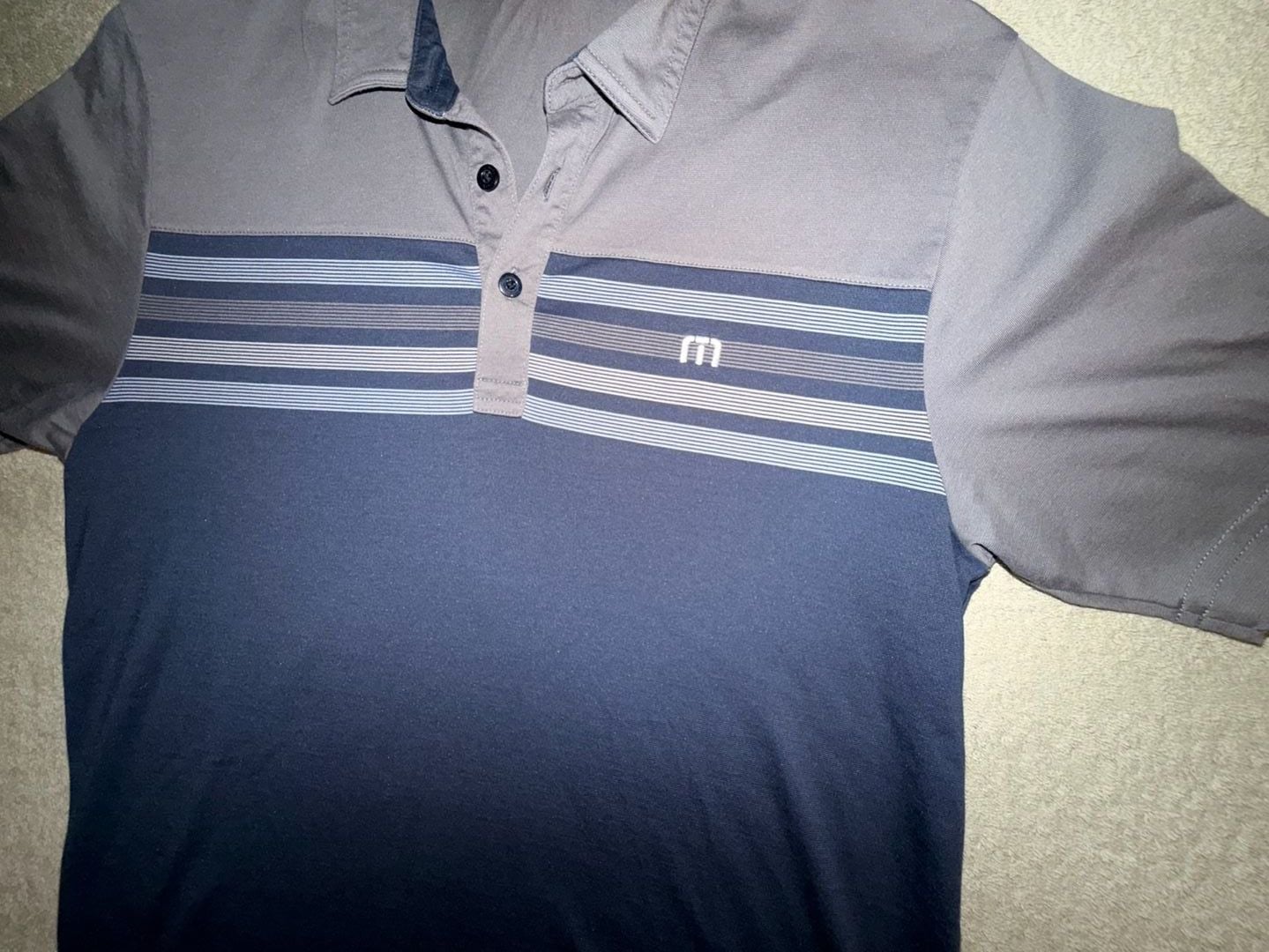 TravisMathew Striped Golf Polo Shirt Size S Gray Blue Short Sleeve 3