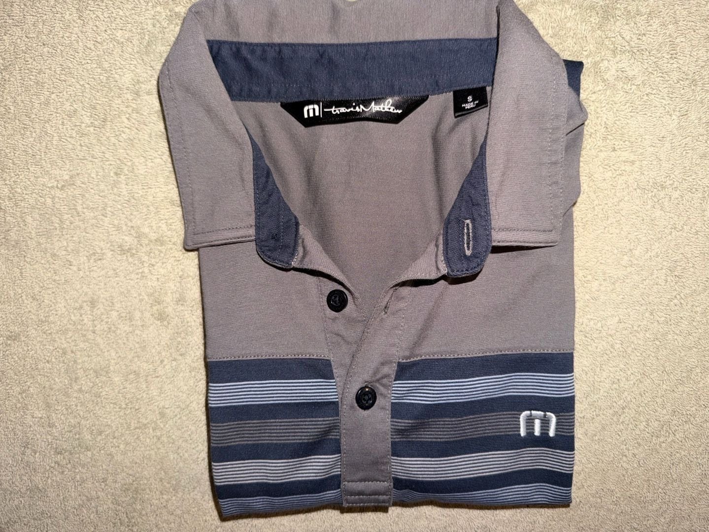 TravisMathew Striped Golf Polo Shirt Size S Gray Blue Short Sleeve 9